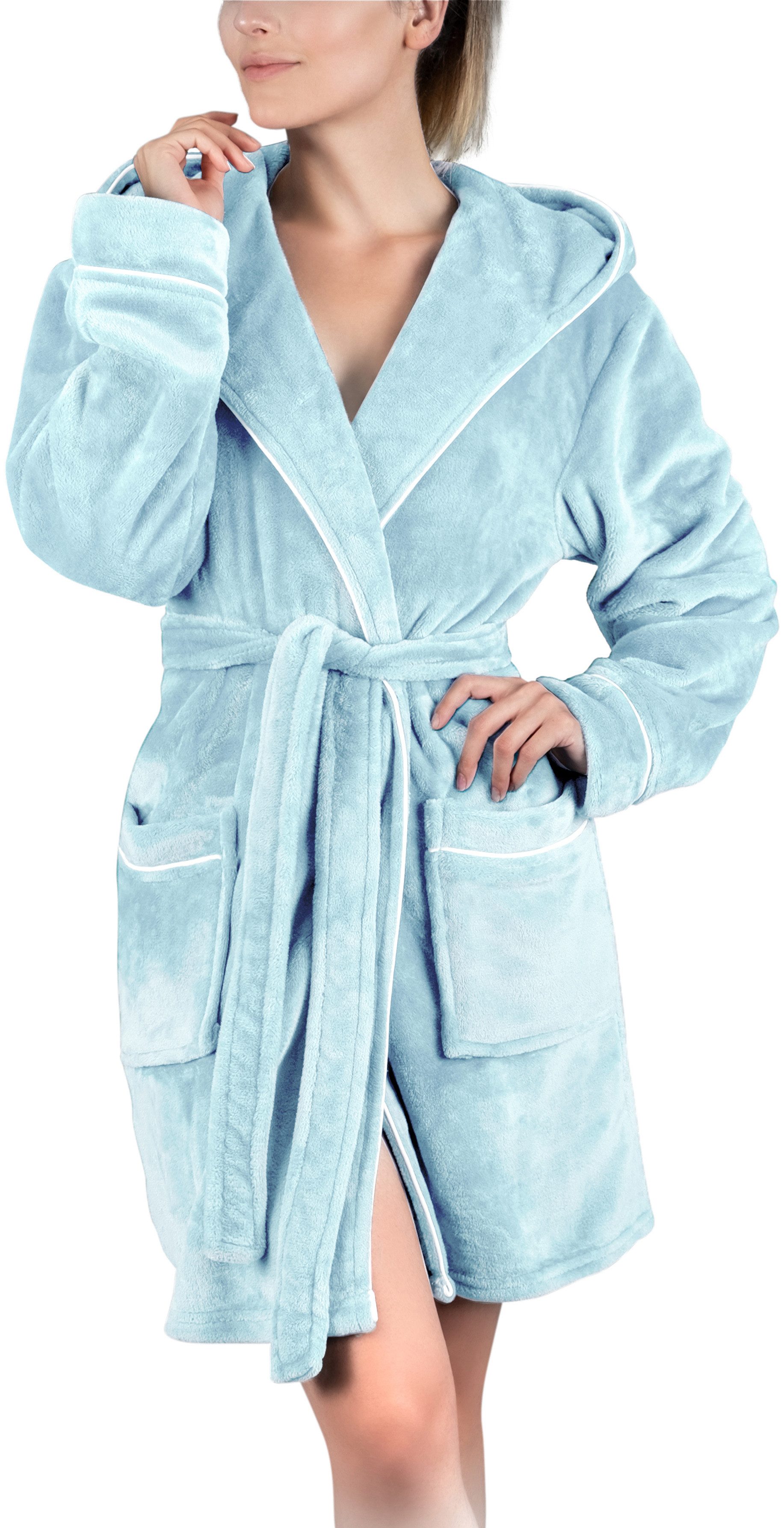 Gräfenstayn Damenbademantel Bademantel Damen flauschig Kapuze Kuschelfleece leicht kurz, warm & kuschelig, Knielang, Fronttaschen, Gürtel, S-XXL