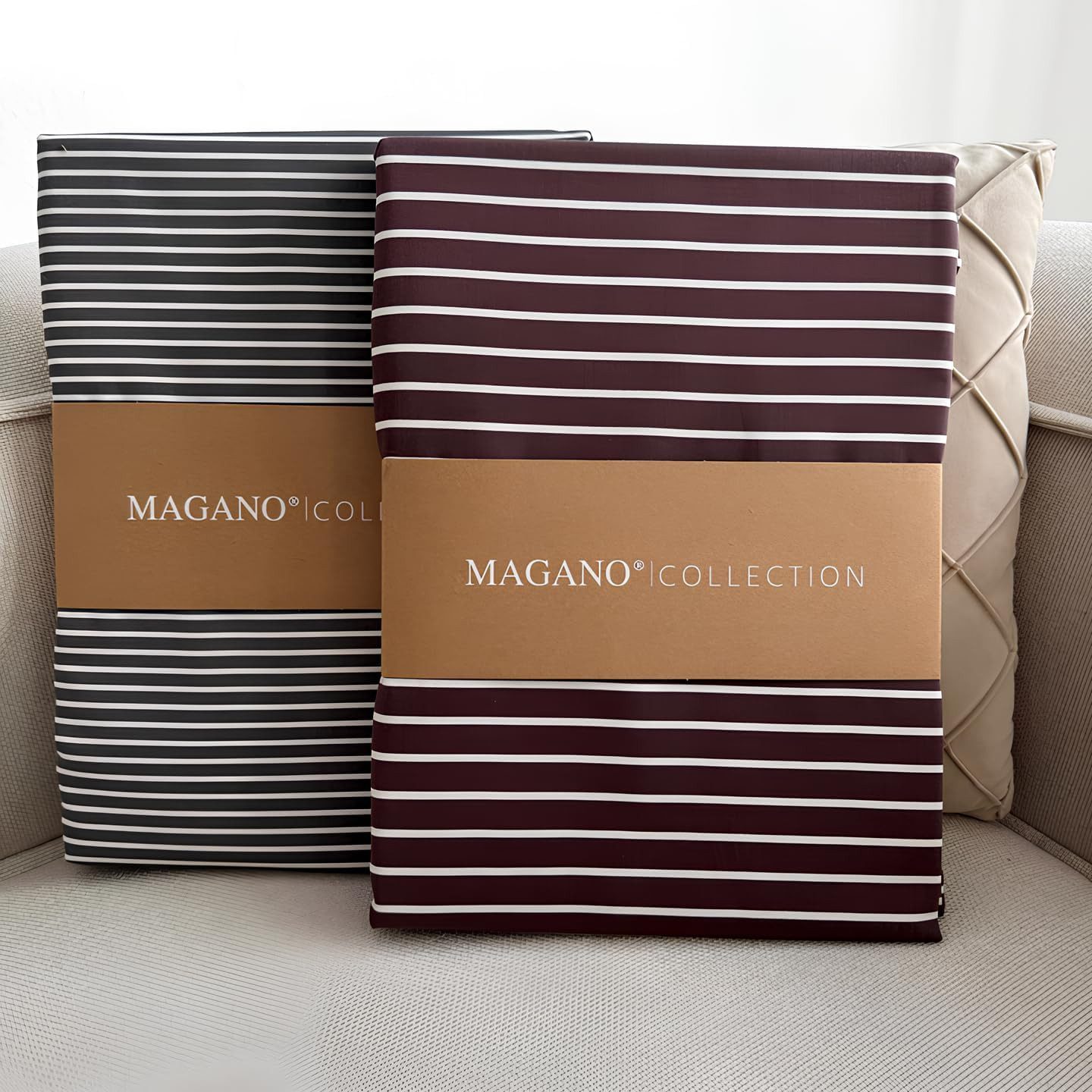 MAGANO Spannbettlaken, Luxus Streifen Bettlaken aus Bambus & Baumwolle Satin, Gummizug: rundum, 400 TC Luxusqualität, Hypoallergen, Thermoregulierend