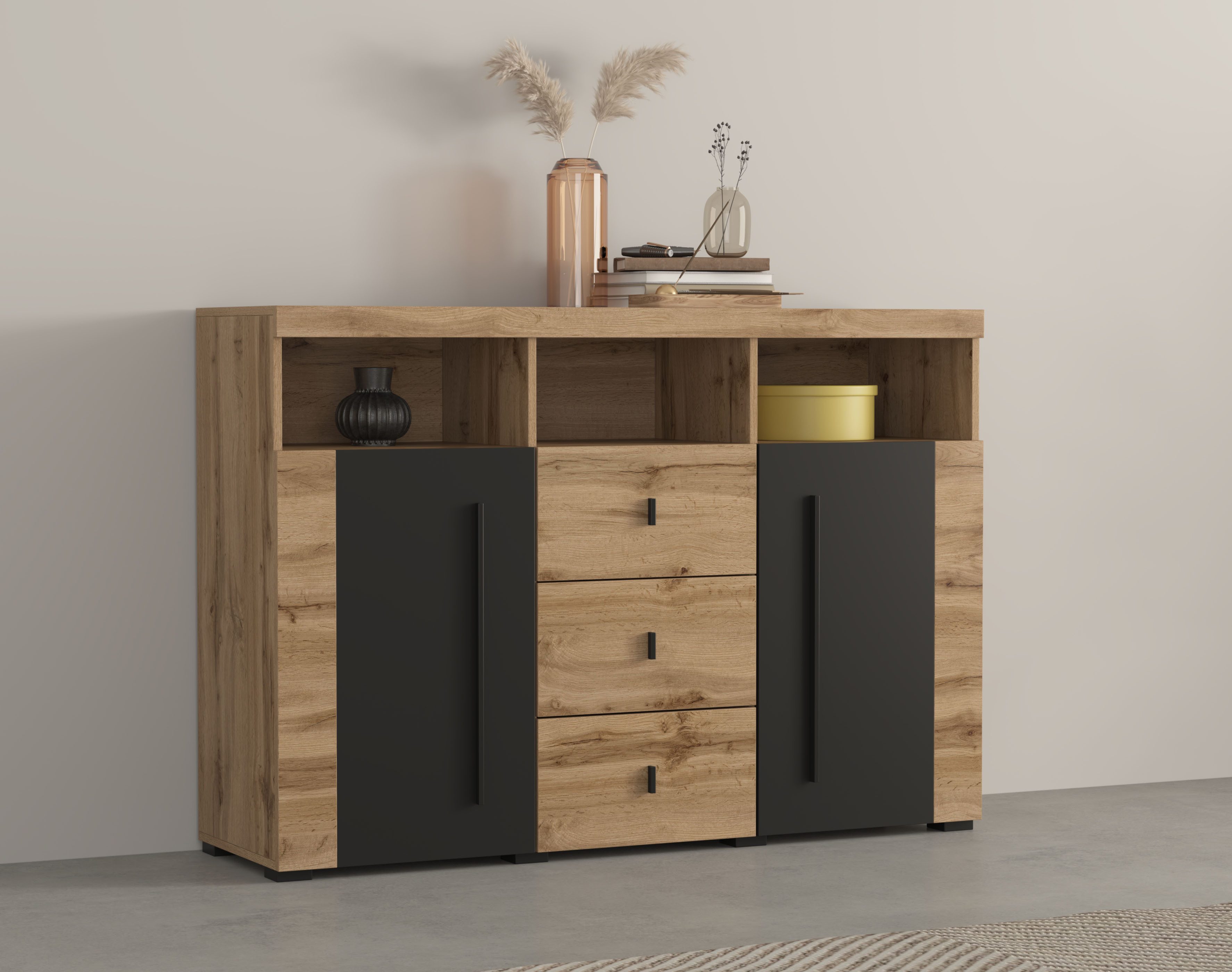 INOSIGN Sideboard "Roger,Breite 132cm, stilvolle Schrank, 2 Holztüren 3 Sch günstig online kaufen