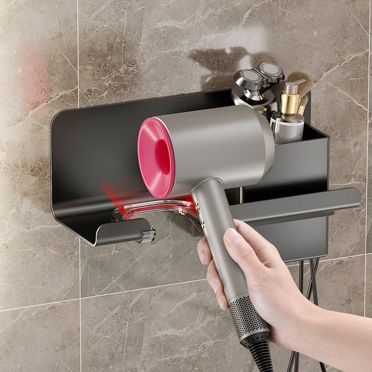 multifunktionales,Badezimmer Haartrocknerhalter zur Duschkorb Jormftte Grau Wandmontage,