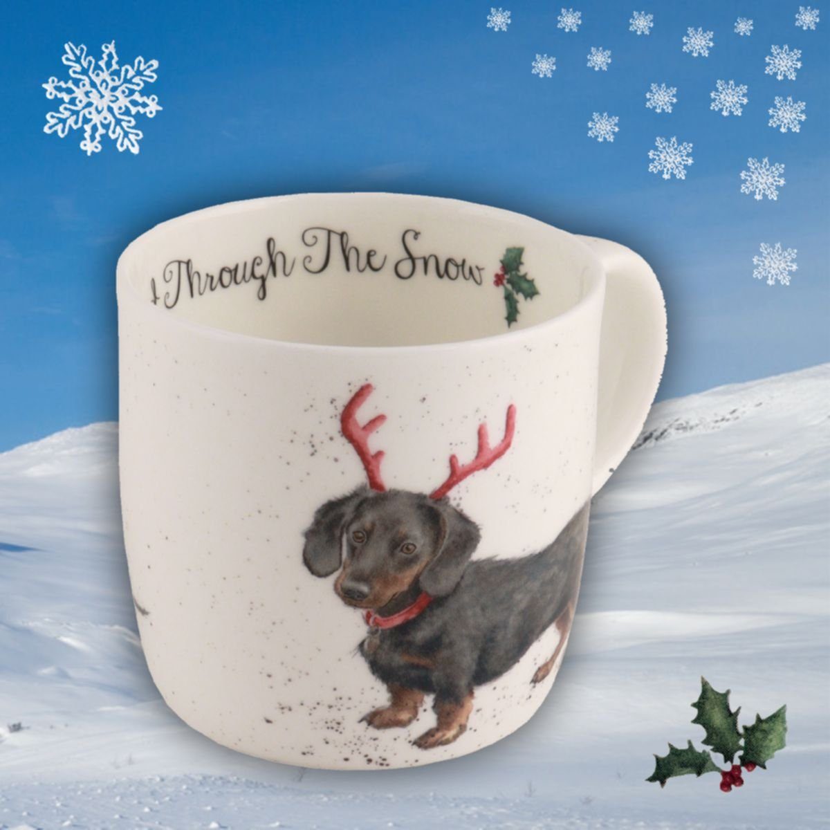 Wrendale Becher Wrendale Designs Porzellan-Becher Dackel im Schnee, ca. 310ml, Porzellan