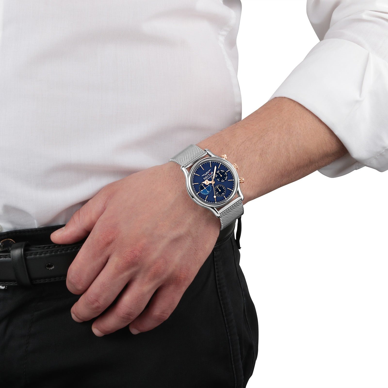 Armbanduhr groß Multifunktionsuhr (ca. 43,5x36,1mm), Armbanduhr Sector Multifunkt, Edelstahlarmband Herren extra Herren Sector rund,