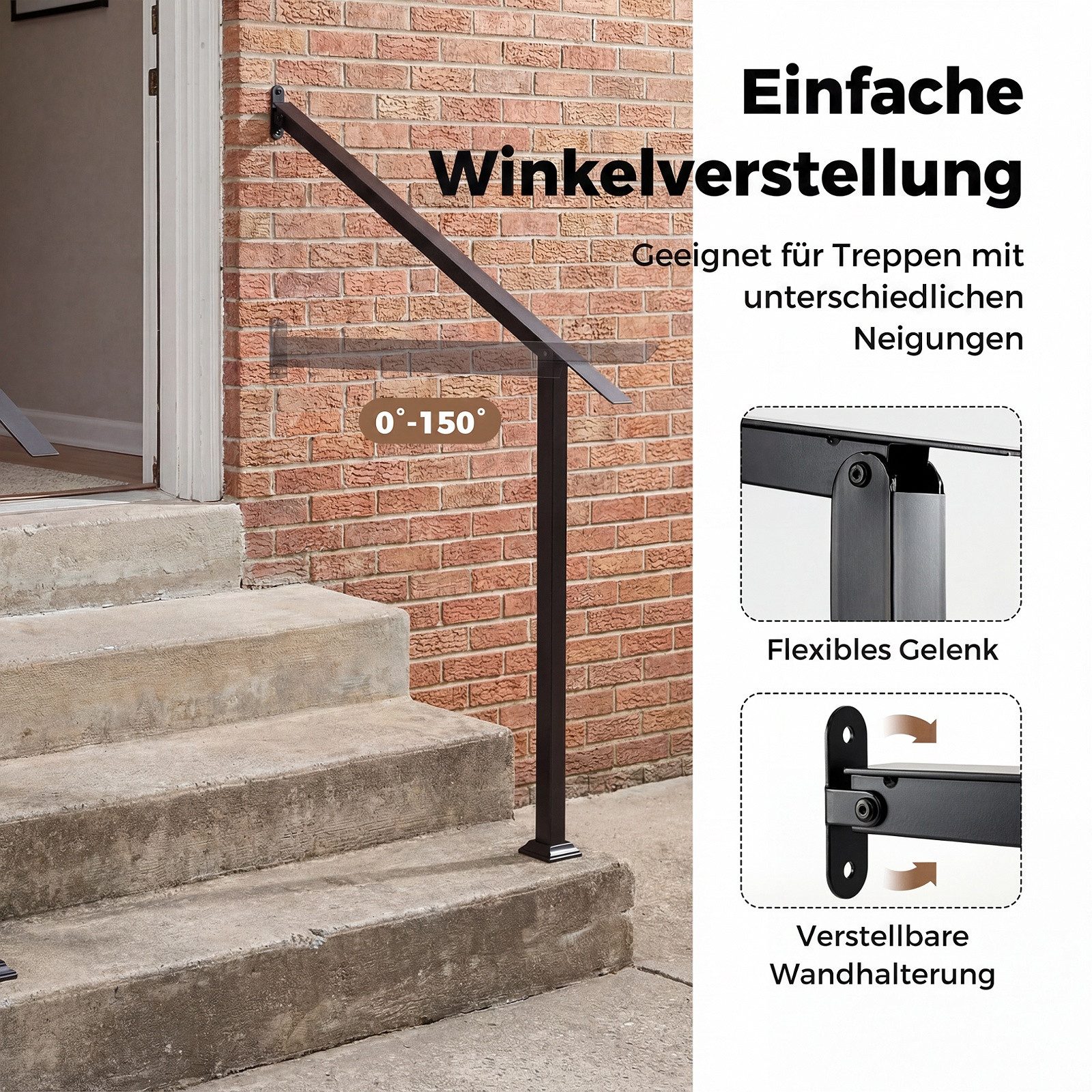 COSTWAY Treppengeländer, 99 cm Länge, 74 cm Höhe, Winkelverstellbarer Treppenhandlauf für 3 Stufen