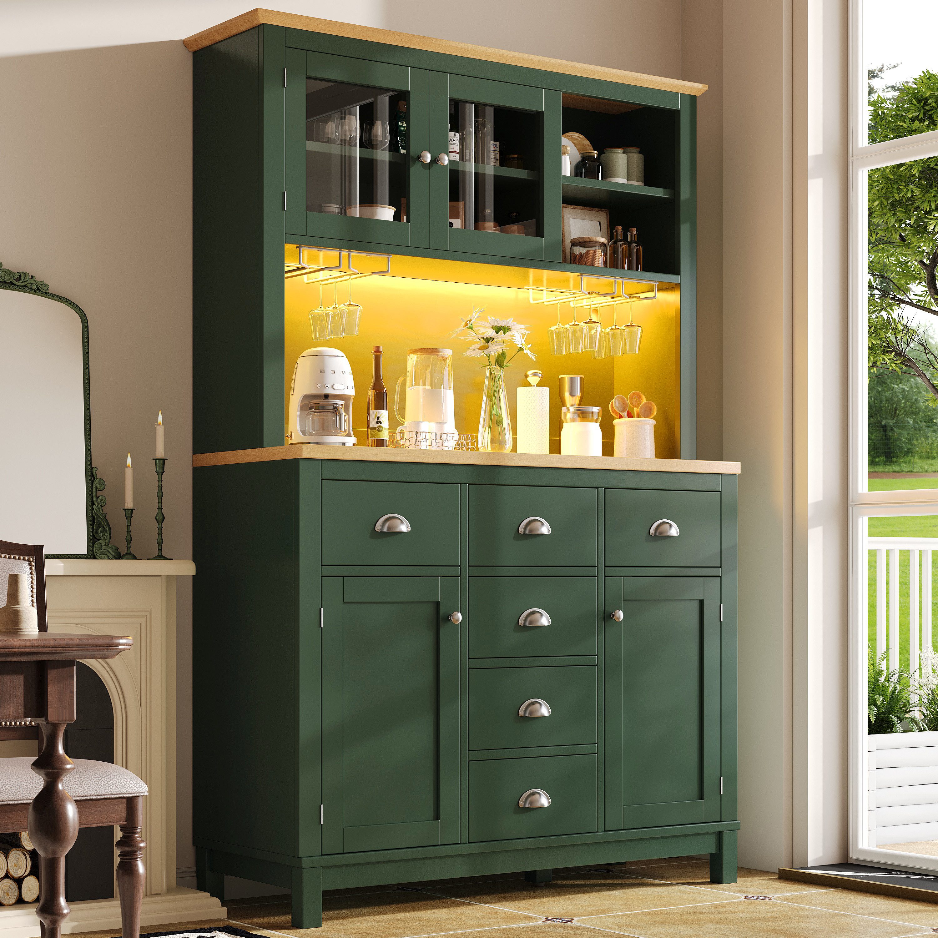Flieks Küchenbuffet mit Arbeitsplatte in Holzoptik Natur & LED-Beleuchtung in Retro-Stil (1-St., B104/T40/H180 cm) Hochschrank Küchenschrank mit Gläserhalter, Schubladen und Glastüren