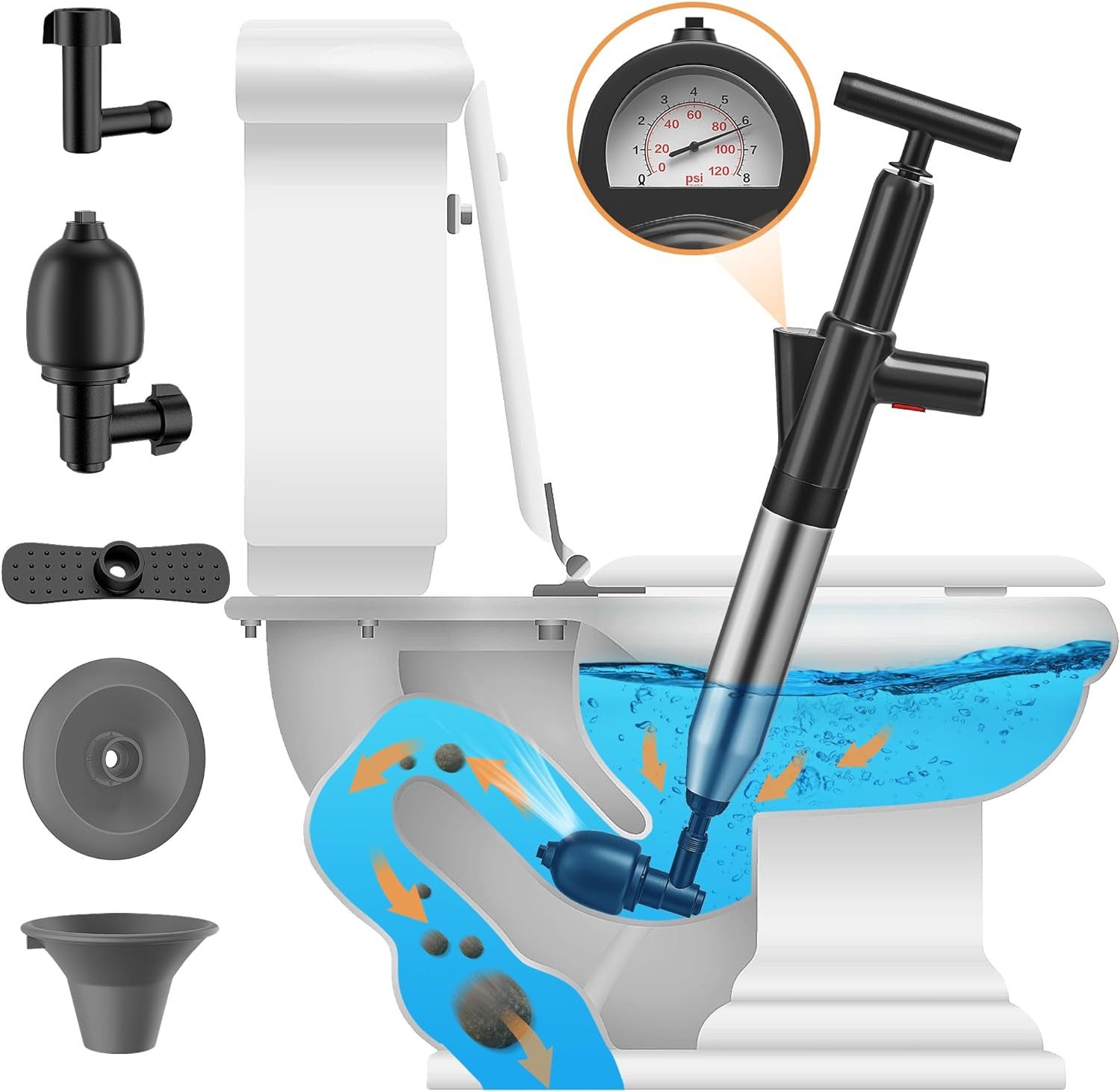 AURIVION Wasserpumpenzange Toilettenreiniger Luftdruck Rohrreiniger Edelstahl für Küche & Bad, Set 1-tlg., 1× Hochdruck-Rohrreiniger (Edelstahl), Starker Luftdruck, Edelstahl, gegen Verstopfung für Küche & Bad