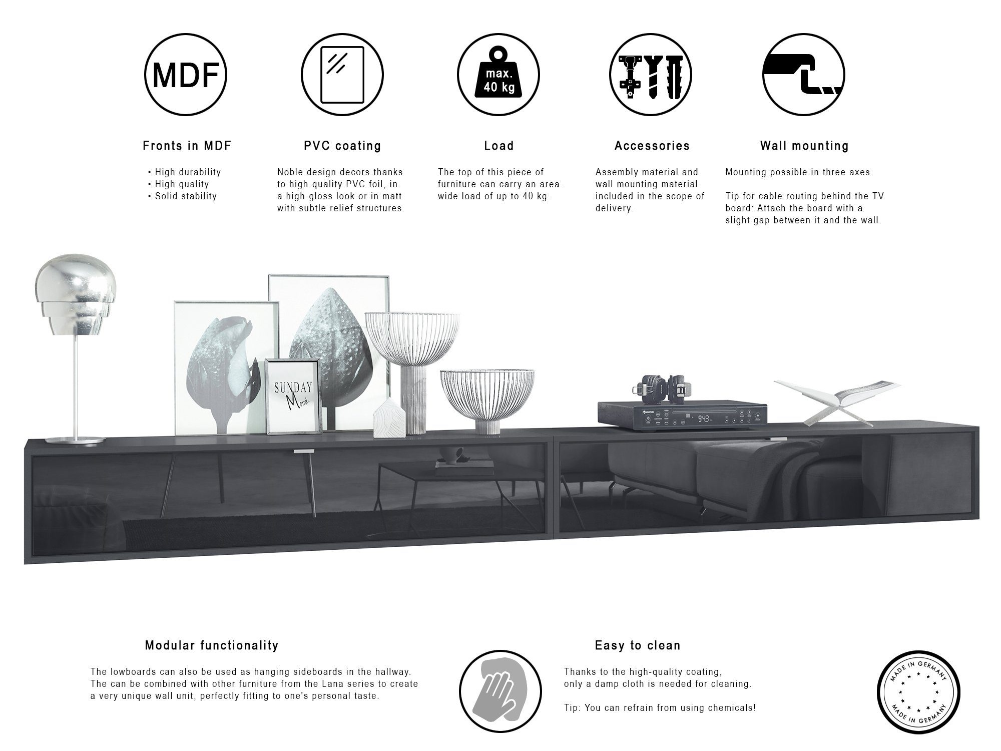 Vladon Lowboard Lana 1400 (2er-Set Tv-Kommode, mit Klappe dahinter 3 Fächer), Schwarz matt/Bordeaux Hochglanz (140 x 29 x 37 cm)