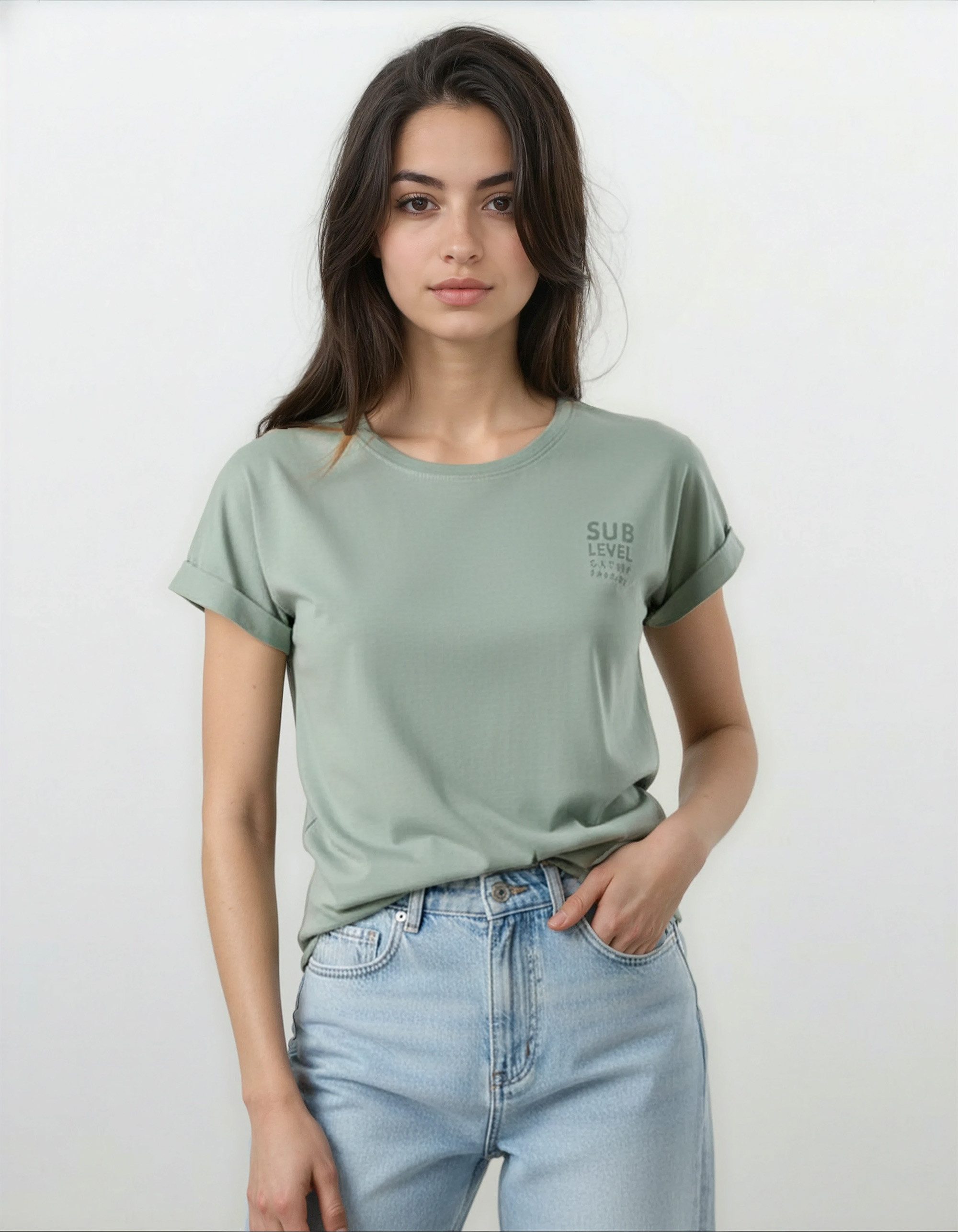 SUBLEVEL T-Shirt Damen Shirt Turn-Up Ärmel Weiches Basic Shirt Rundhals Kurzarm Baunwolle Modal Mix, super soft, unifarben, markenlogo – Bild 2 von 5