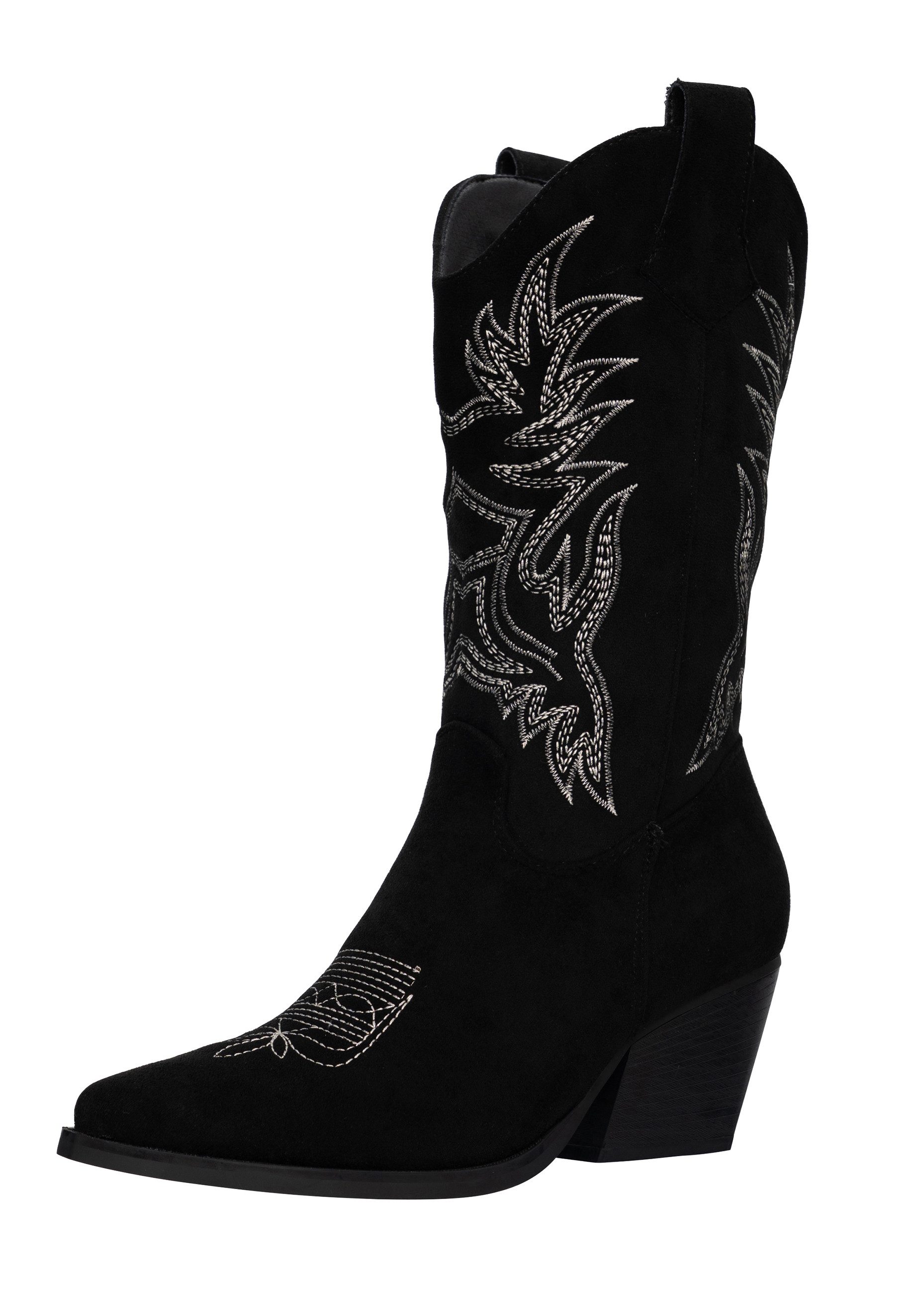 Salinyang Cowboy Boots Damen mit Stickerei Western Stiefel Blockabsatz Midi Stiefel