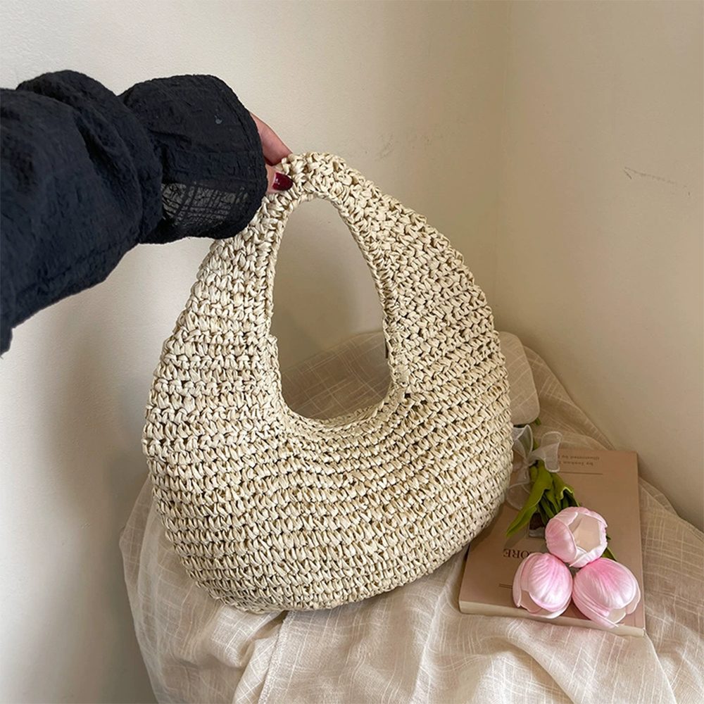 Oemmn Schultertasche Damen Strandtasche aus Stroh, handgefertigte Schultertasche, Boho-Geldbörse,mit Reißverschluss,gewebte Strandtasche