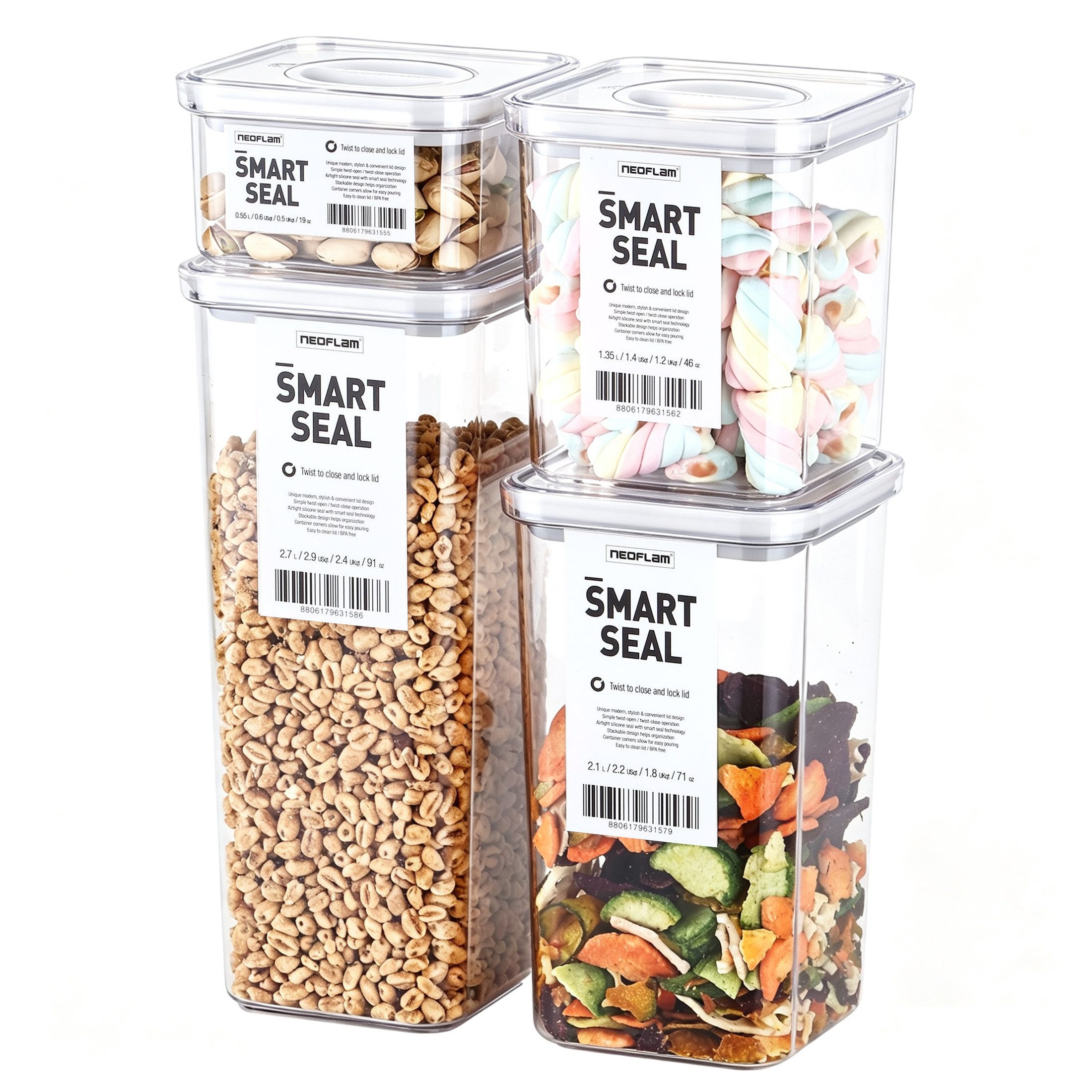 NEOFLAM® Vorratsdose Smart Seal C-Moa Vorratsbehälter Set 4tlg. - Gr. S, M, L, XL, Kunststoff (AS & PP), Silikon, (4-tlg)
