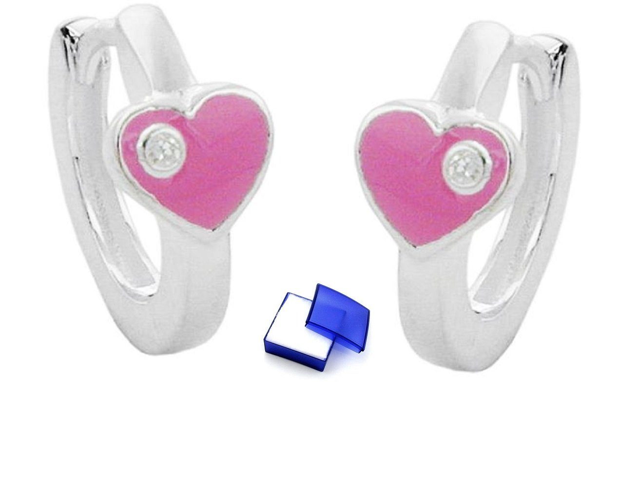 unbespielt Paar Creolen Ohrringe Herz rosa lackiert mit Zirkonia 325 Silber 12 x 2 mm, Silberschmuck für Kinder