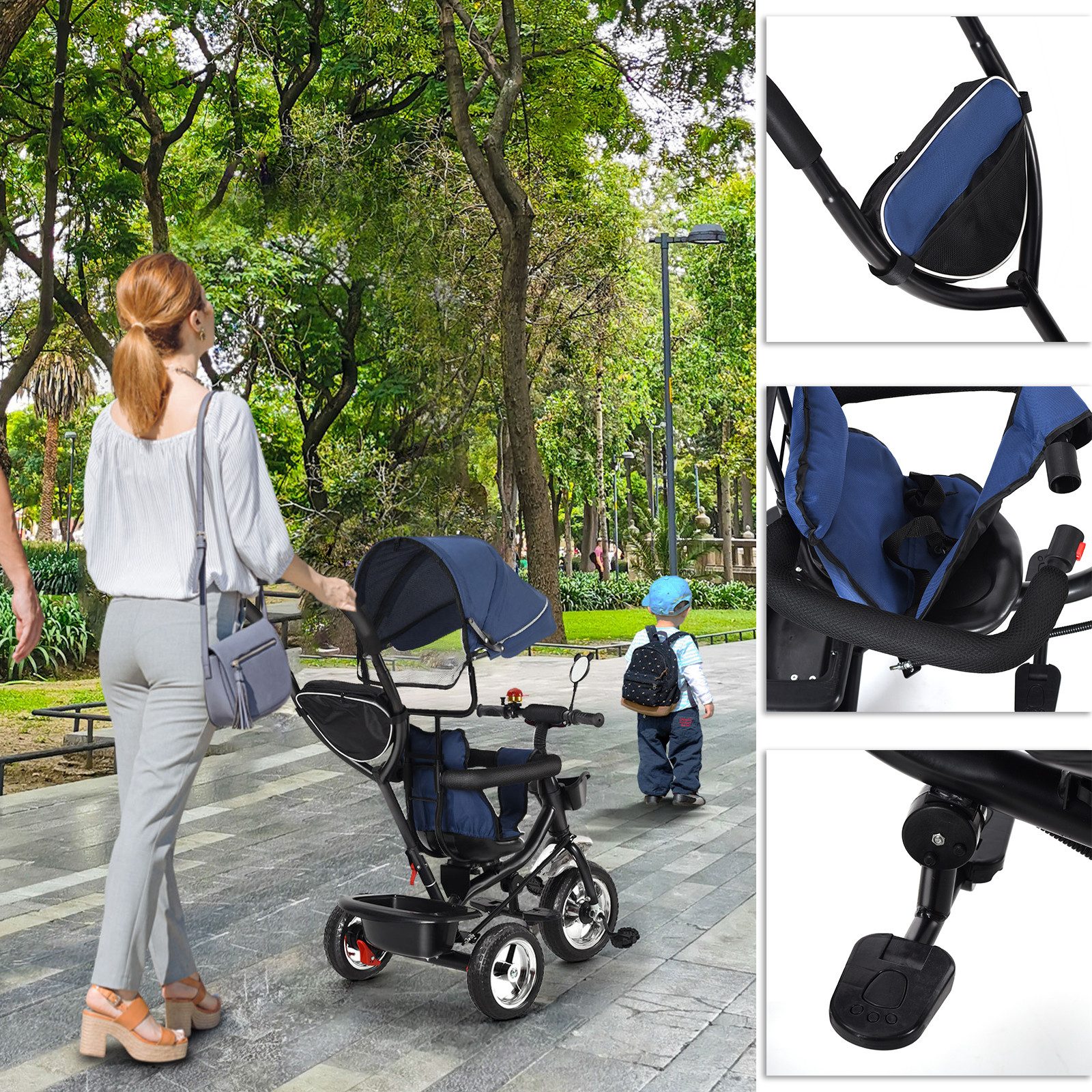 JEOBEST Dreirad-Kinderwagen Dreirad 4 in1 Kinderdreirad Kinder Fahrrad mit Schubstange, Schubstange +Klappverdeck +Drehbarer Sitz +Schubstange +Getränkehalter