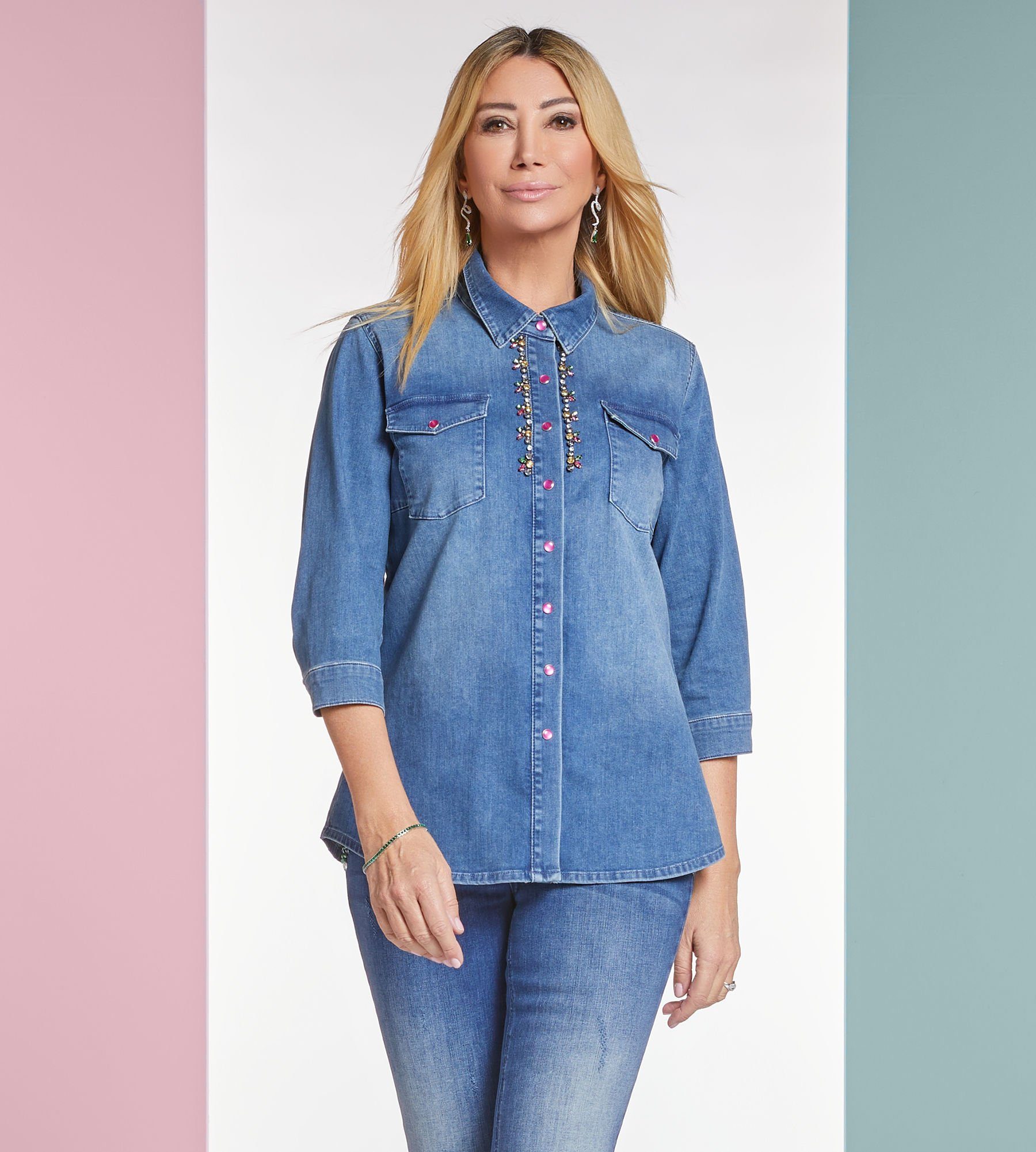 Edwina Eidtmann Jeansbluse Hemd mit Kristallsteinapplikation