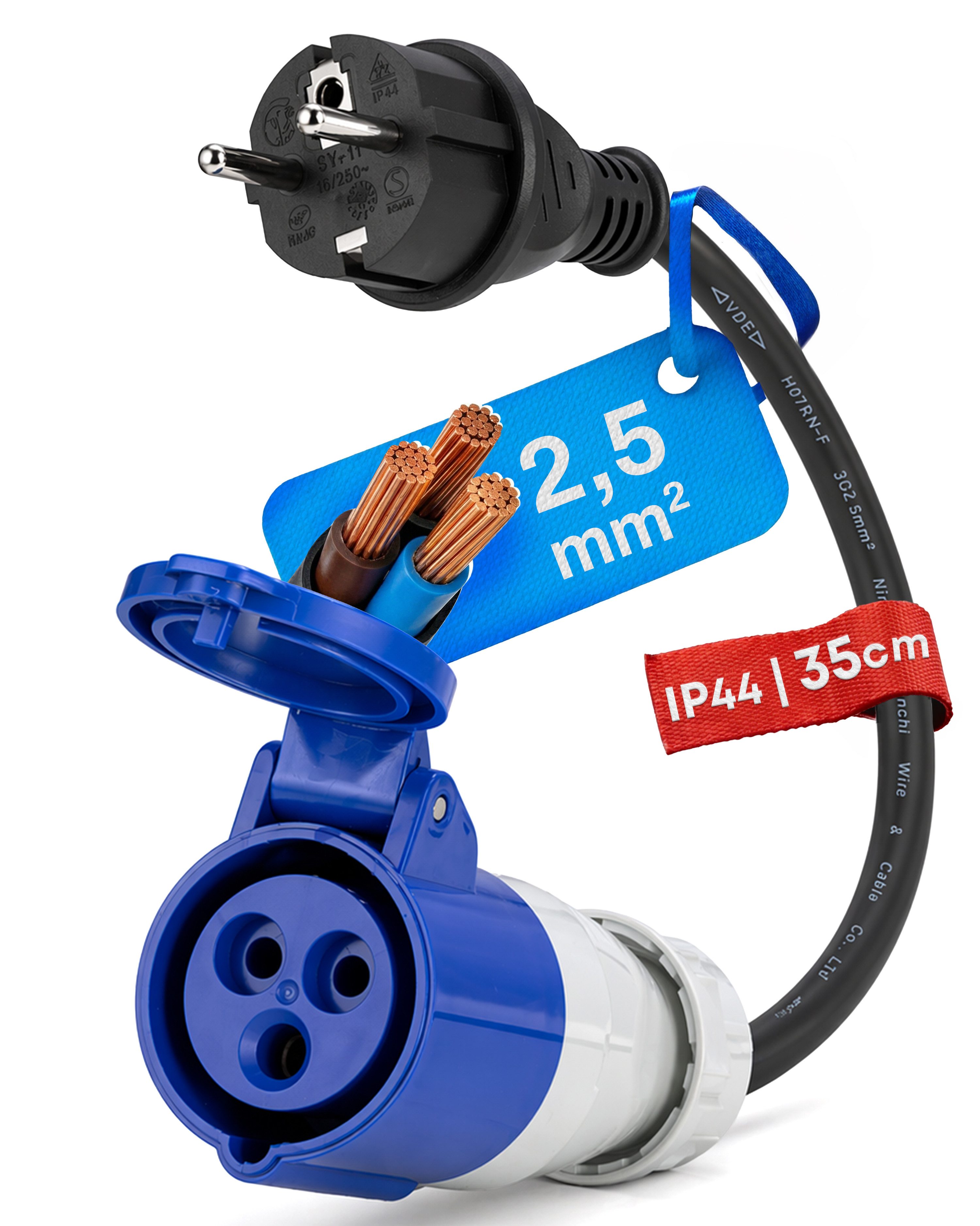 feletec CEE Adapter Schuko Stecker auf CEE Kupplung, 35cm Camping Kabel, IP44 CEE-Adapterkabel