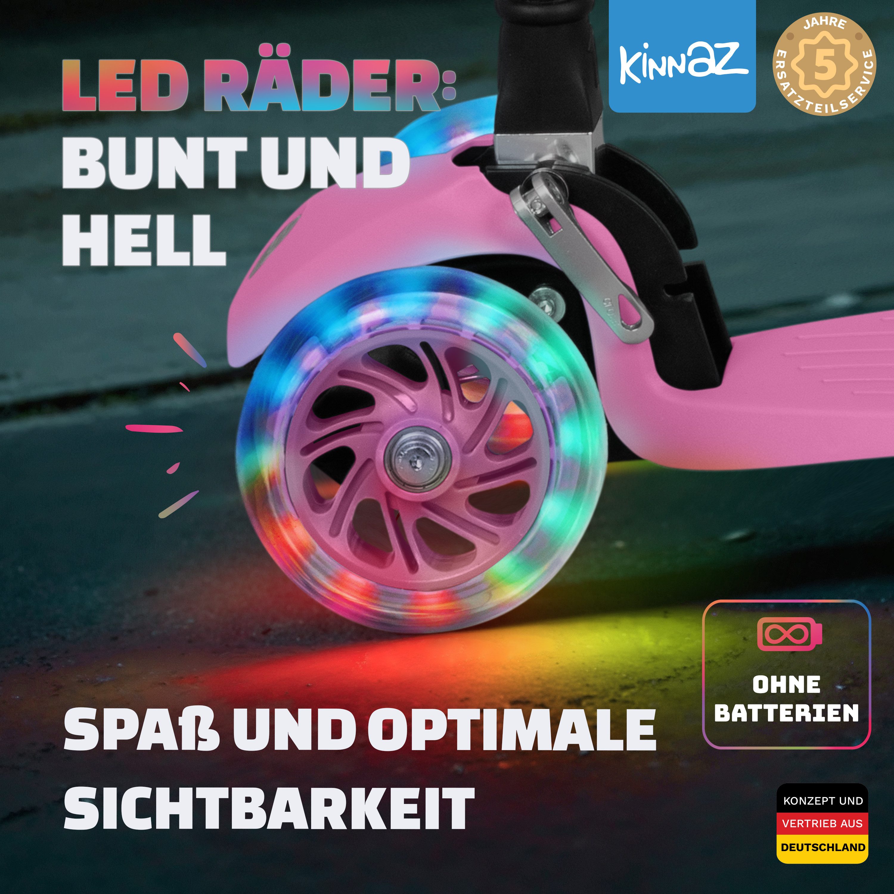 KINNAZ Dreiradscooter ab 2 Jahre LED, faltbar, Höhe flexibel, Kinderoller, Scooter, Roller, (Kinderroller, kinnaz ONE), Händler aus Hamburg – Bild 3 von 5