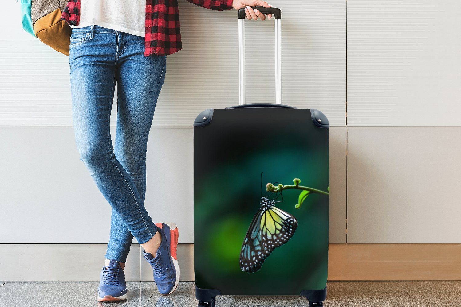 MuchoWow Handgepäckkoffer Schmetterling dünnen für Reisetasche einem 4 Trolley, Reisekoffer Zweig, auf Handgepäck Rollen, rollen, mit Ferien
