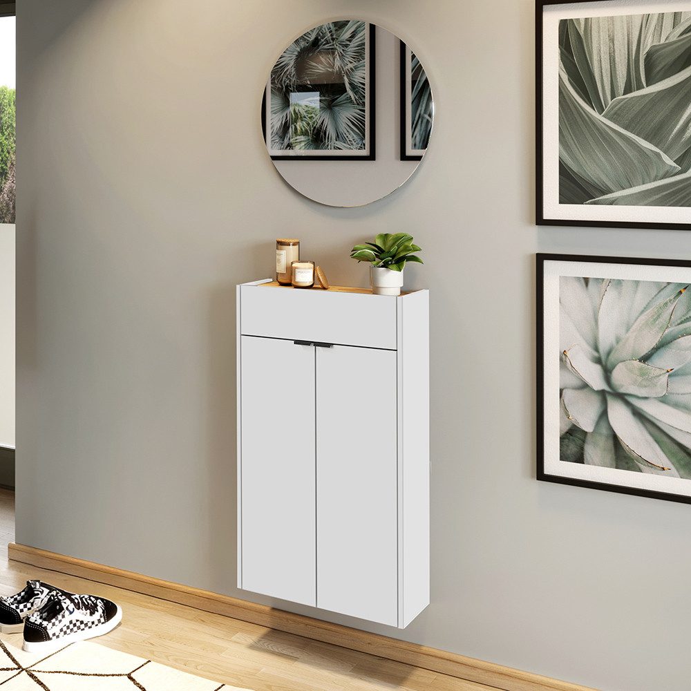 Lomadox Garderoben-Set ABERDEEN-01, (Spar-Set, 2-St., Garderobenspiegel Schuhschrank), in weiß mit Eiche, wandhängend, ideal für schmale Flure