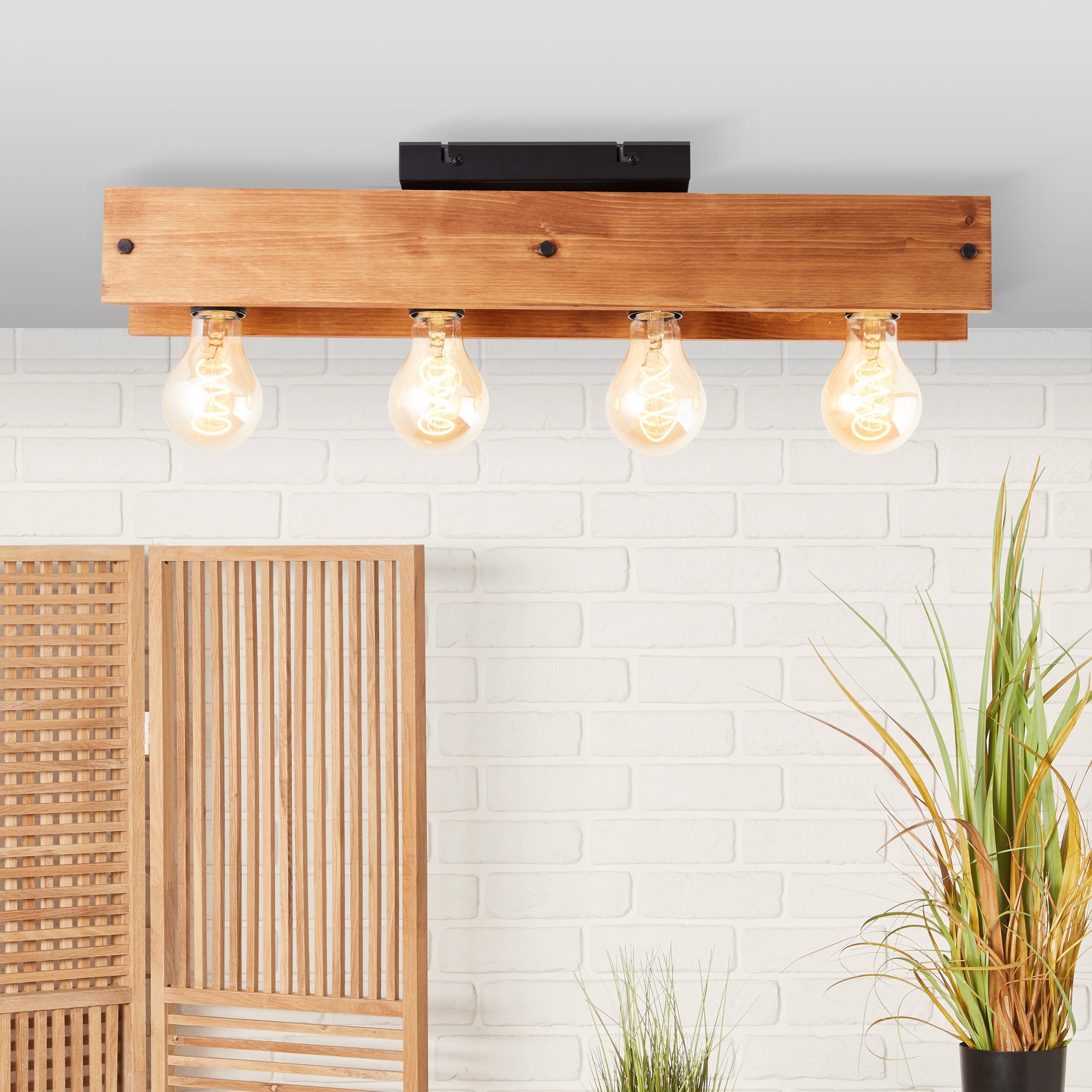 Lightbox Deckenleuchte, ohne Leuchtmittel, Deckenlampe, 12 cm Höhe, 60 cm Länge, 4 x E27, max. 42 W, Metall/Holz