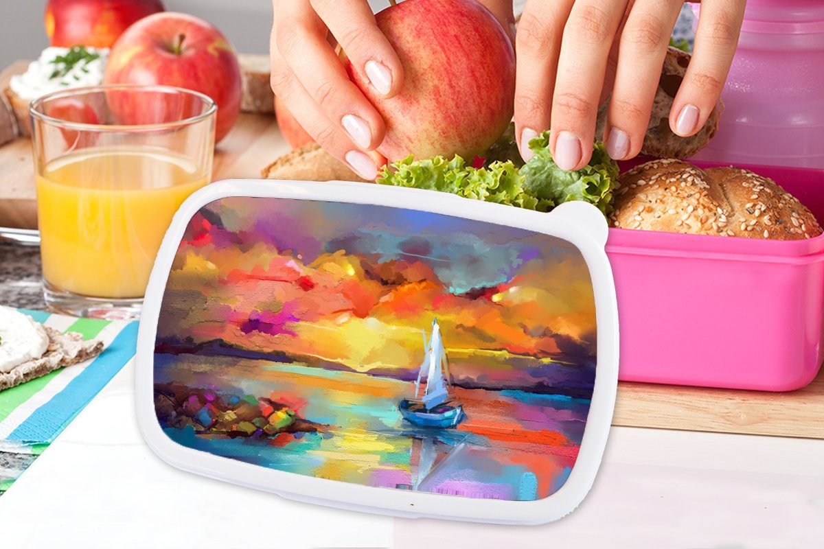 MuchoWow Lunchbox Malerei - Ölfarbe Brotbox Mädchen, rosa - Kunststoff (2-tlg), Erwachsene, Kunststoff, Snackbox, Kinder, - Boot Brotdose Farben, für