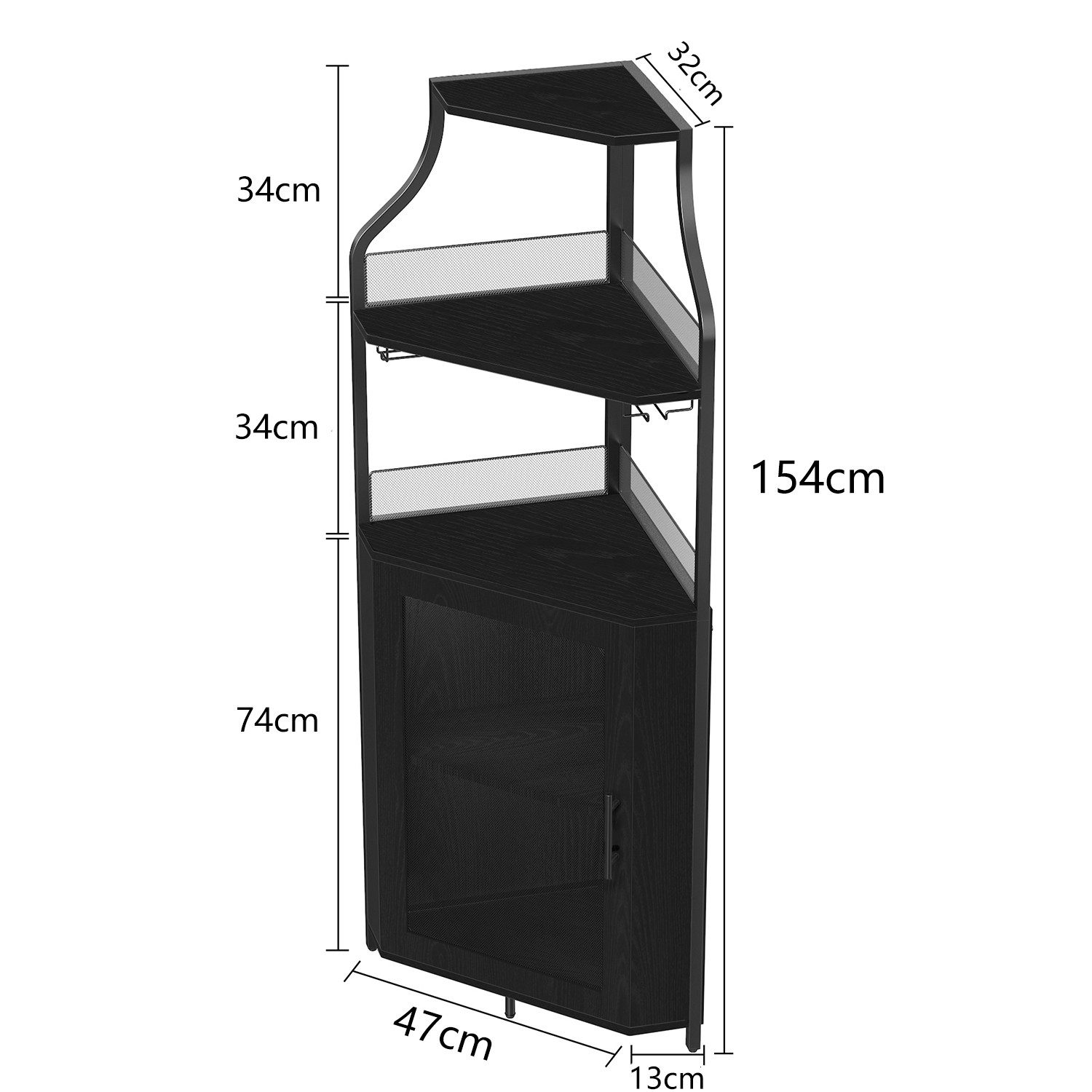 GarveeMore Eckschrank 5-stöckiges mit Glasständer und verstellbaren Regalen,47x32x154cm industrielles Eckschrank,Weinschrank mit Türen aus Metallgitter fürbar