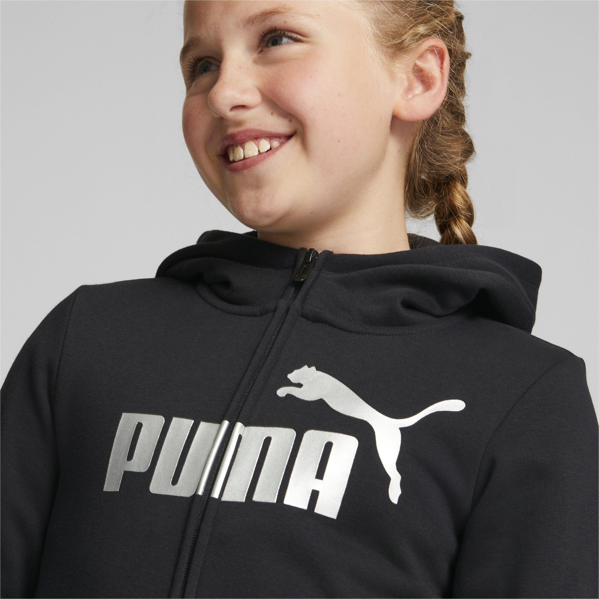 Mädchen PUMA Logo Essentials+ Black Sweatshirt Reißverschluss-Hoodie