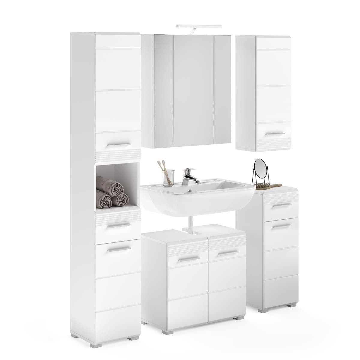möbelvita Badezimmer-Set Luca Badkombination inkl. Beleuchtung B/H/T 150x182x34 in weiß, (1 Hochschr. 1 WBU, 1 Spiegelschr. 1 Standschr. 1 Hängeschr. 1 leuchte)
