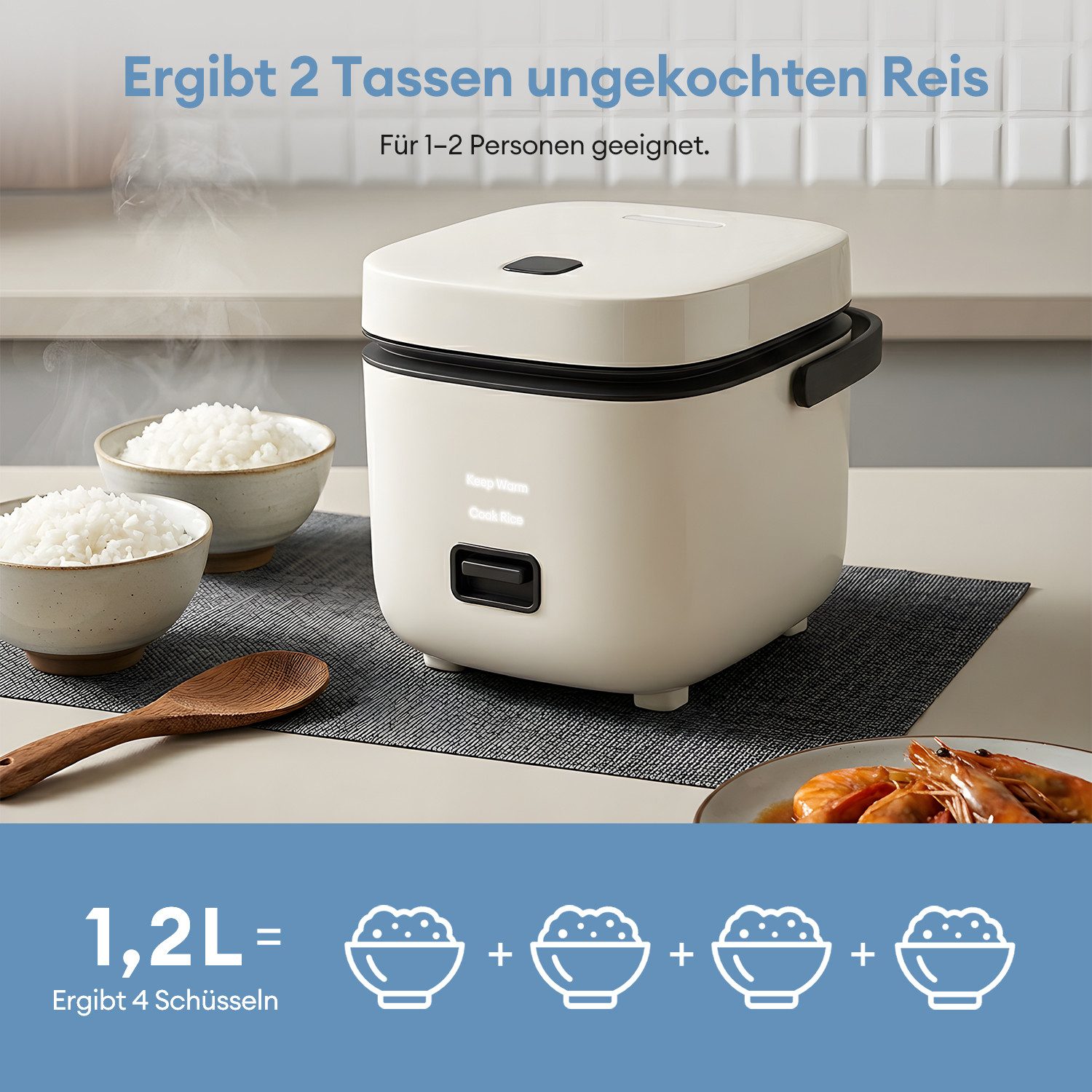 CkeyiN Pro Reiskocher Klein,1,5L Mini Reiskocher Tragbar,Multikocher Kleiner Reiskocher, 200 W, mit Dampfgarer,Antihaftbeschichtetem,Warmhalten,für 1-2 Personen