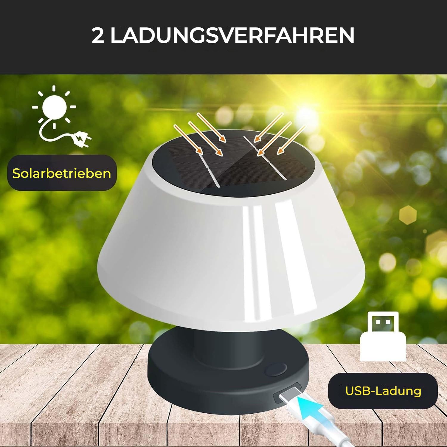 PRIISF LED Solarleuchte LED Solar Tischlampe Mobile Akku Tischleuchte Außen Schreibtischlampe, Dimmbare, Solartischlampen mit Lichtsensor, Wasserdicht IP54, Aussen Lampe Akku USB, Neutralweiß, Warmweiß, 2in1 USB und Solar Aufladbar Kabellose Lampe Garten Balkon Restaurant