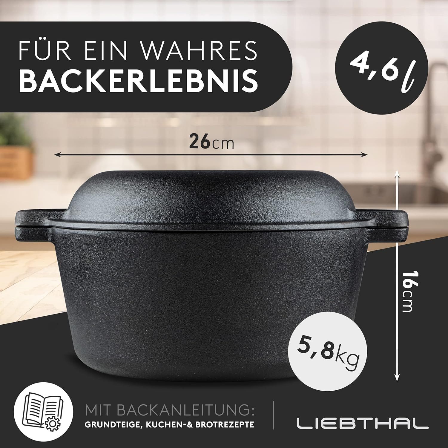 Liebthal Brotbackform aus Gusseisen - mit Deckel, eingebrannt, Silikoneinlage, 4,6 L, Silikongriffe, für alle Herdarten