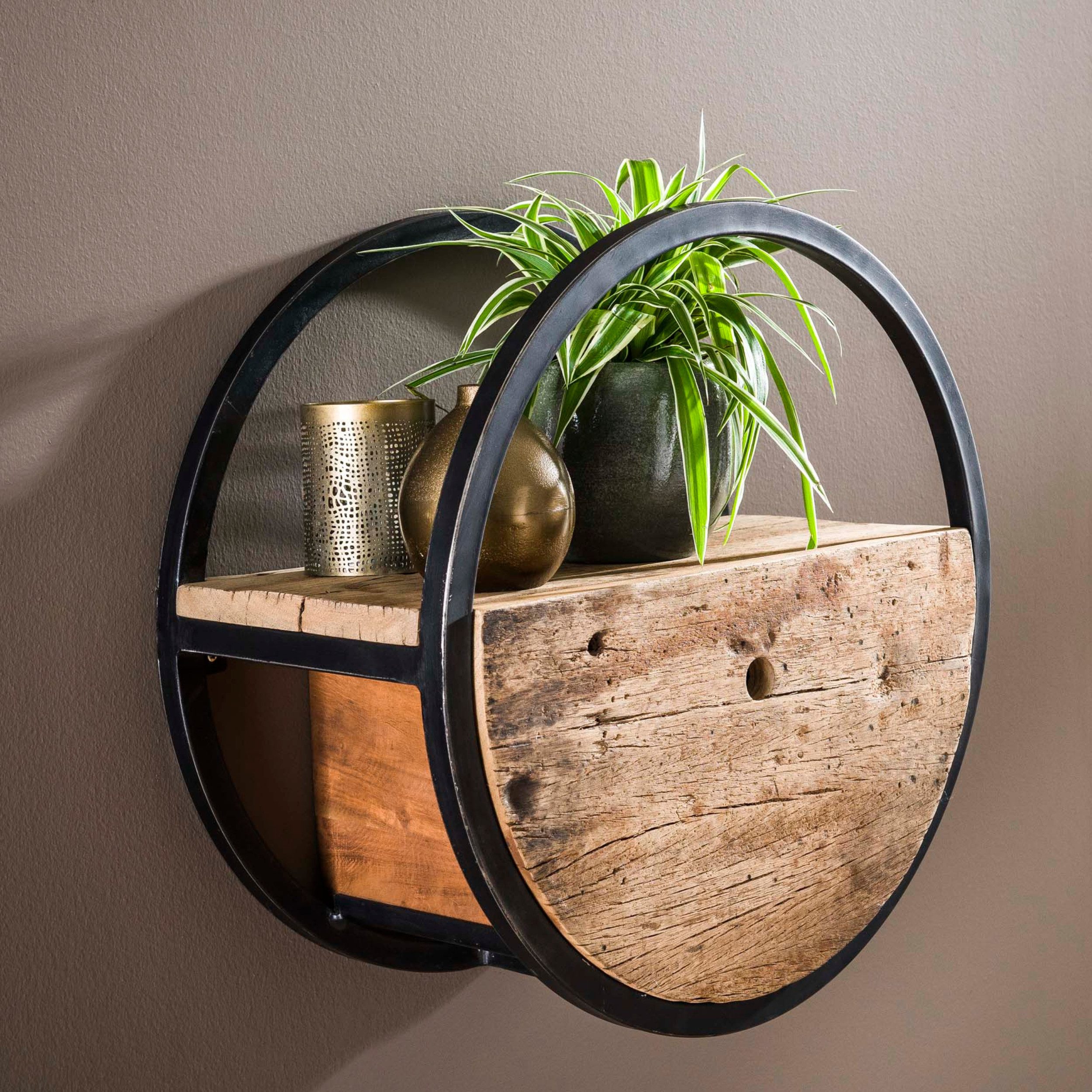 alesvelt Wandregal CIRCULAR RUSTICO Rundes Upcycling-Regal aus Hartholz mit Schublade, 50x25x50cm