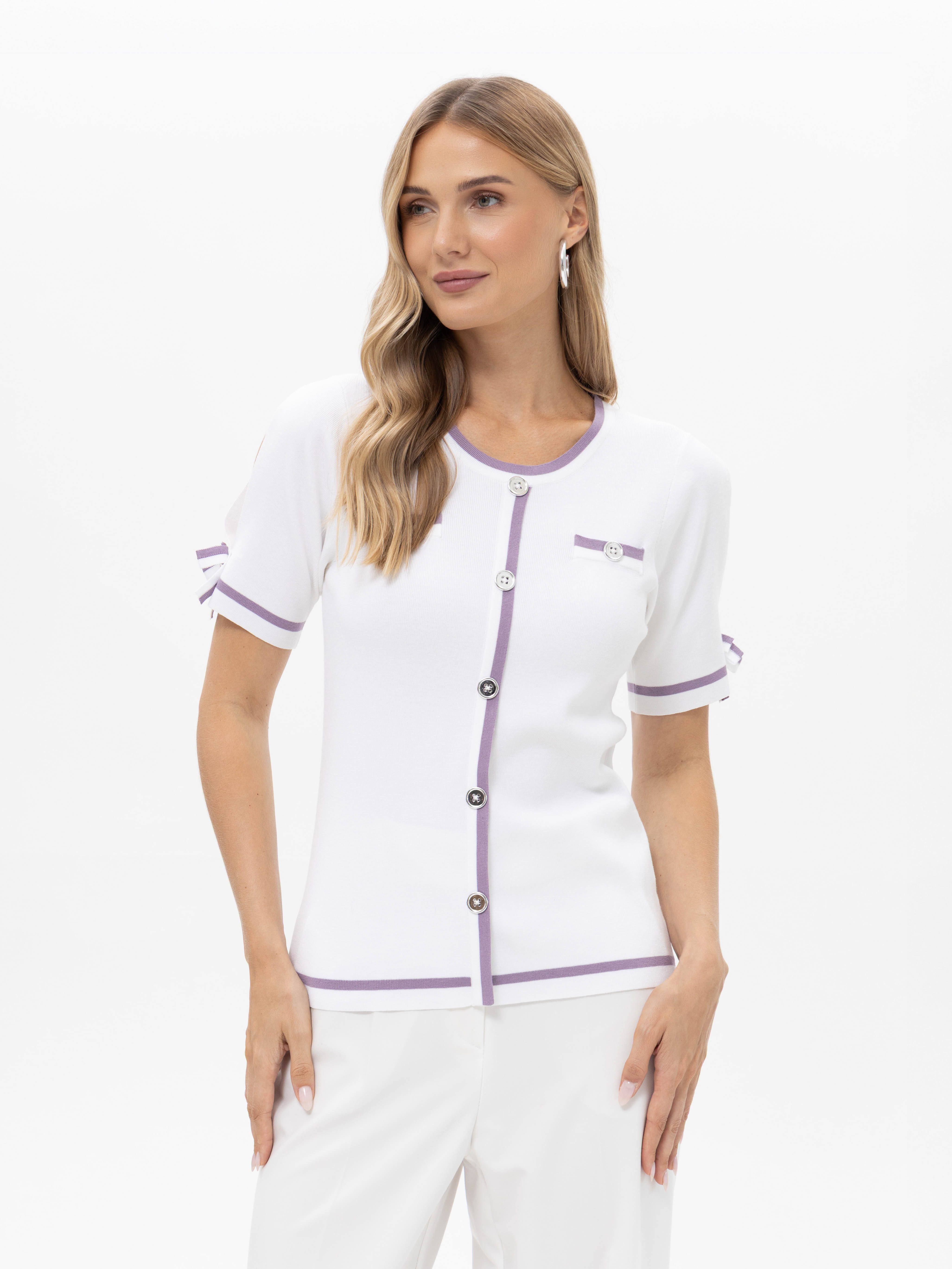 Passioni Kurzarmshirt mit Cut-Outs und Schleifendetails Strickshirt in Weiß- und Flieder mit Schleifen – Bild 2 von 4