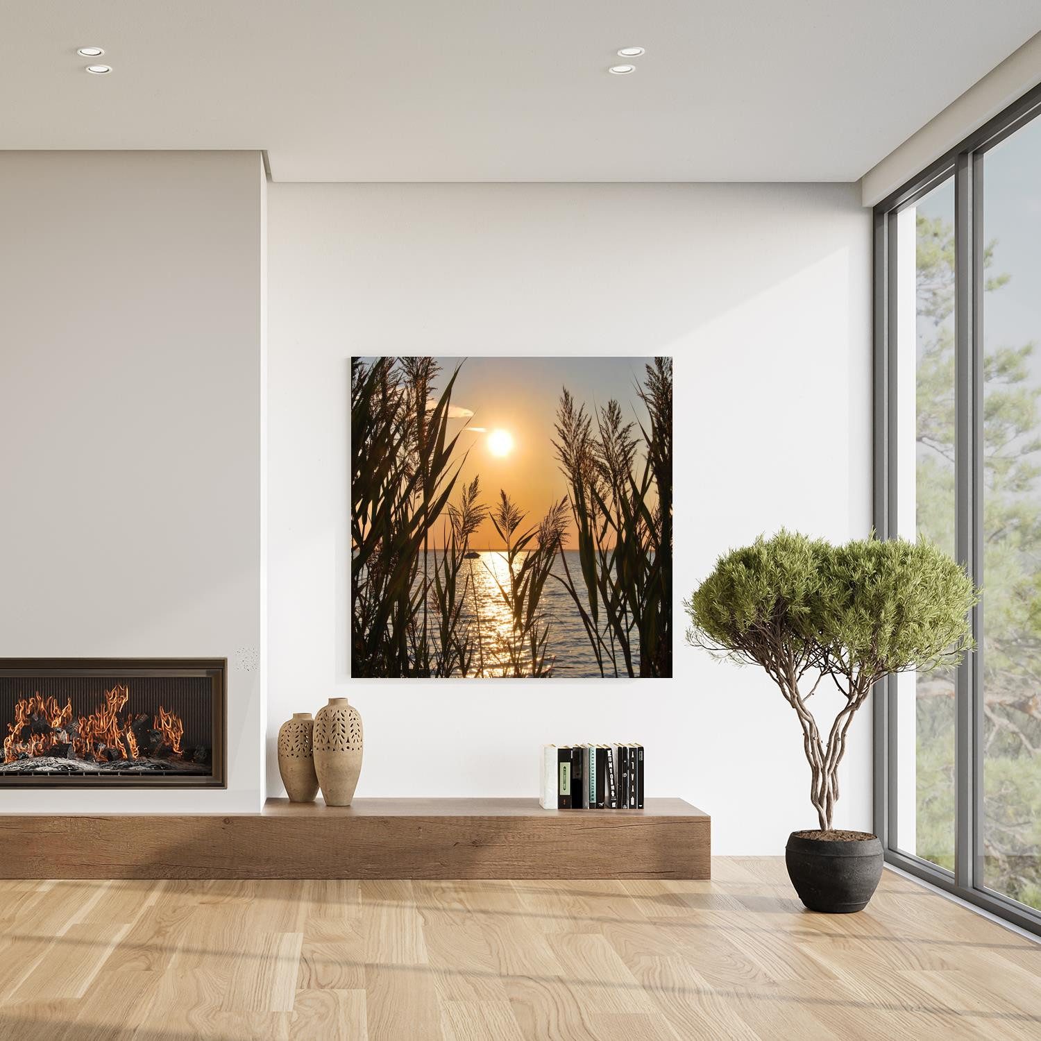 queence XXL-Wandbild Akustikbild Seelandschaft Gräser, Зображення vom Sonnenuntergang & -aufgang, Gräser, Natur, Romantisch, See, Seebilder, Seelandschaft (1 St), Einfache Akustiklösung ohne Baumaßnahme, Schalldämmung, Paneele