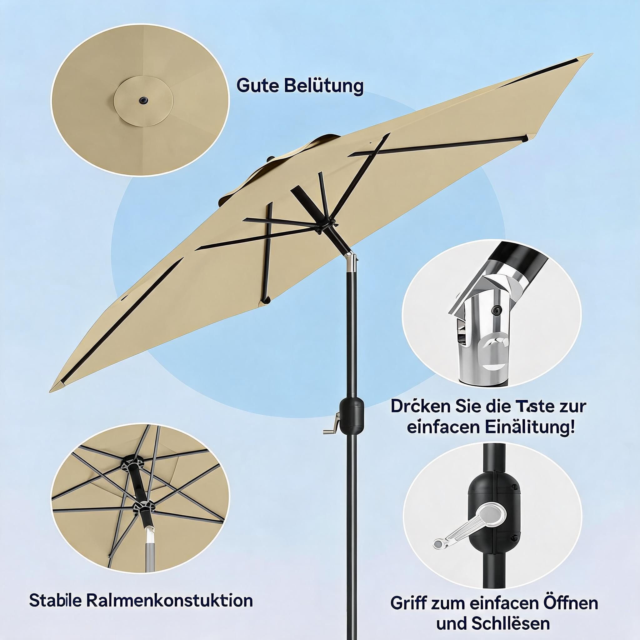GarveeMore Sonnenschirm 215cm mit Kurbel, UV-Schutz und wasserabweisend,Gartenschirm, 6 robuste Stahlrippen, pulverbeschichteter Mast, Polyester-Bespannung