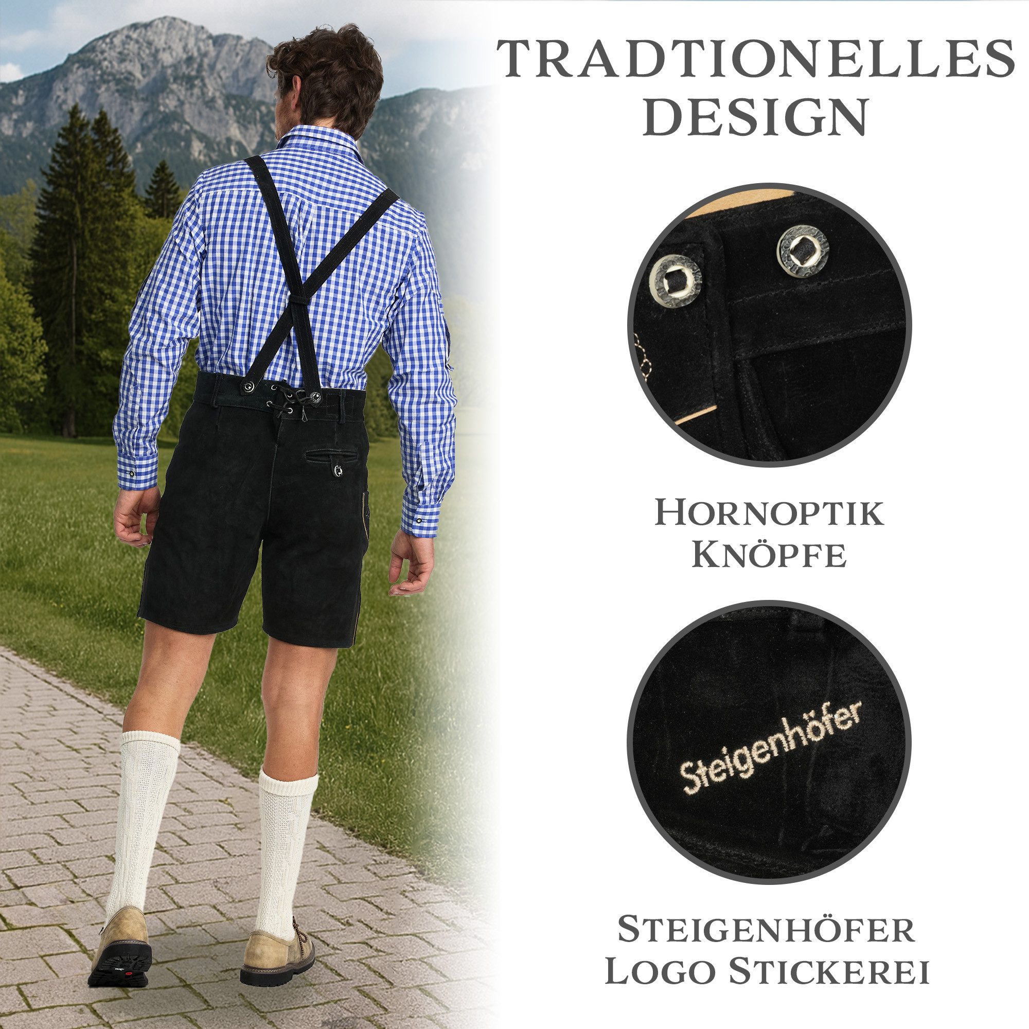 Steigenhöfer Manufaktur Trachtenlederhose Lederhose Herren Tracht kurz - Anton - 100% Rindsleder - Kurze Hose (Inklusive verstellbarer Träger) Traditionelle Echtlederhose - Ideal für Dein Oktoberfest Herren Outfit