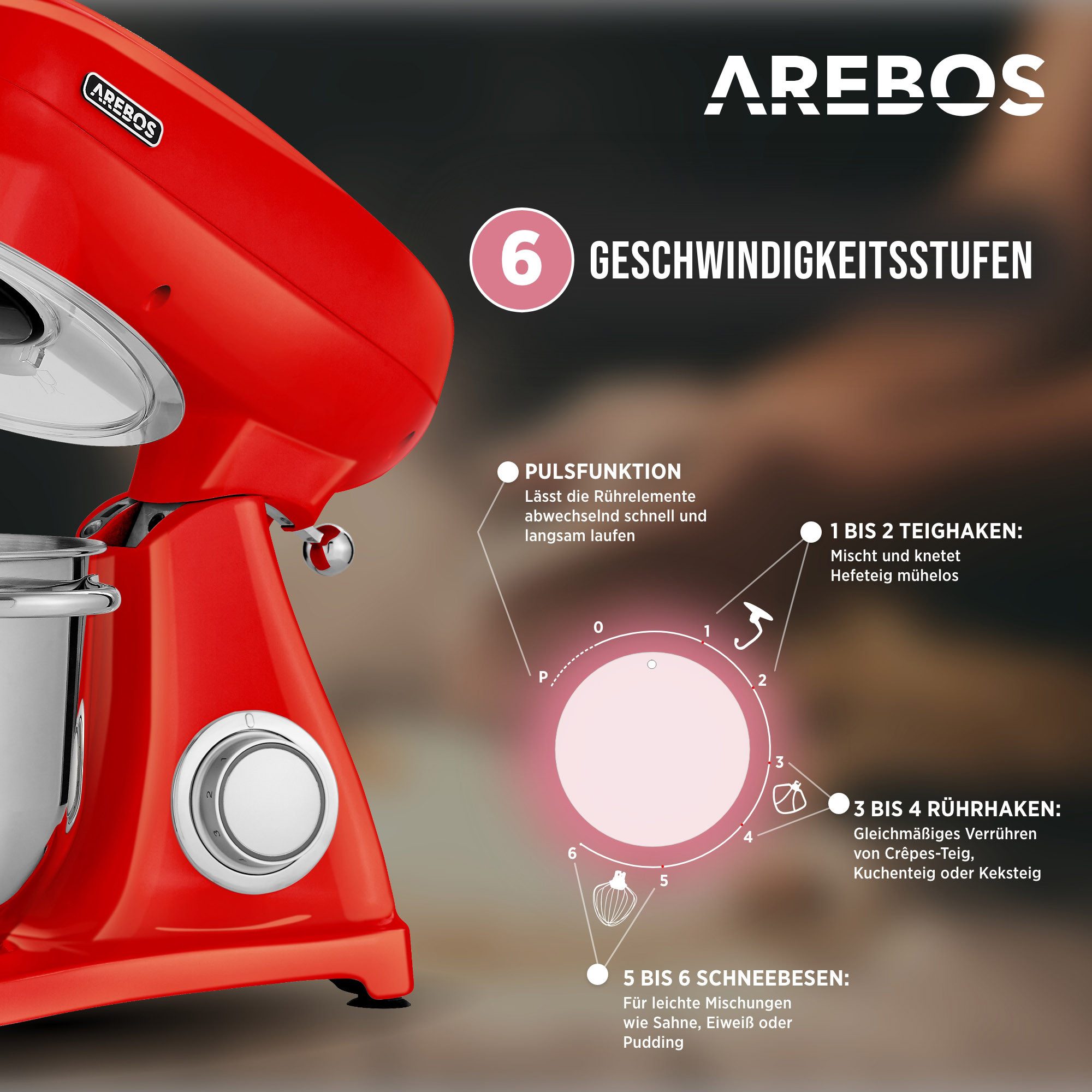 Arebos Küchenmaschine Knetmaschine mit 6L Edelstahl-Rührschüssel, 1800 W, Geräuscharm,Küchenmixer mit Rührhaken, Schlagbesen & Spritzschutz