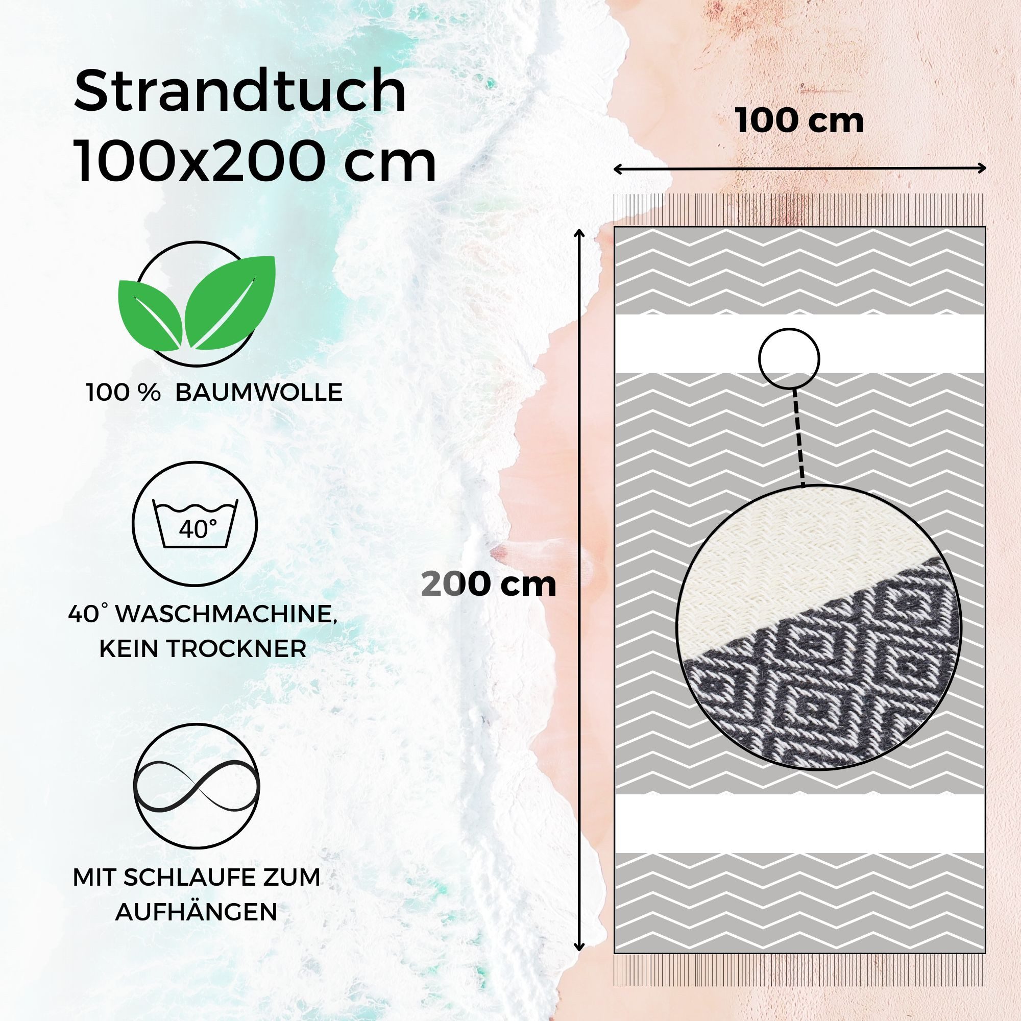 furora HOLIDAY Strandtuch groß 100x200 cm Strand Tuch, aus Baumwolle, Hamamtuch Badetuch, leicht, lang, dünn & kompakt – Bild 3 von 5