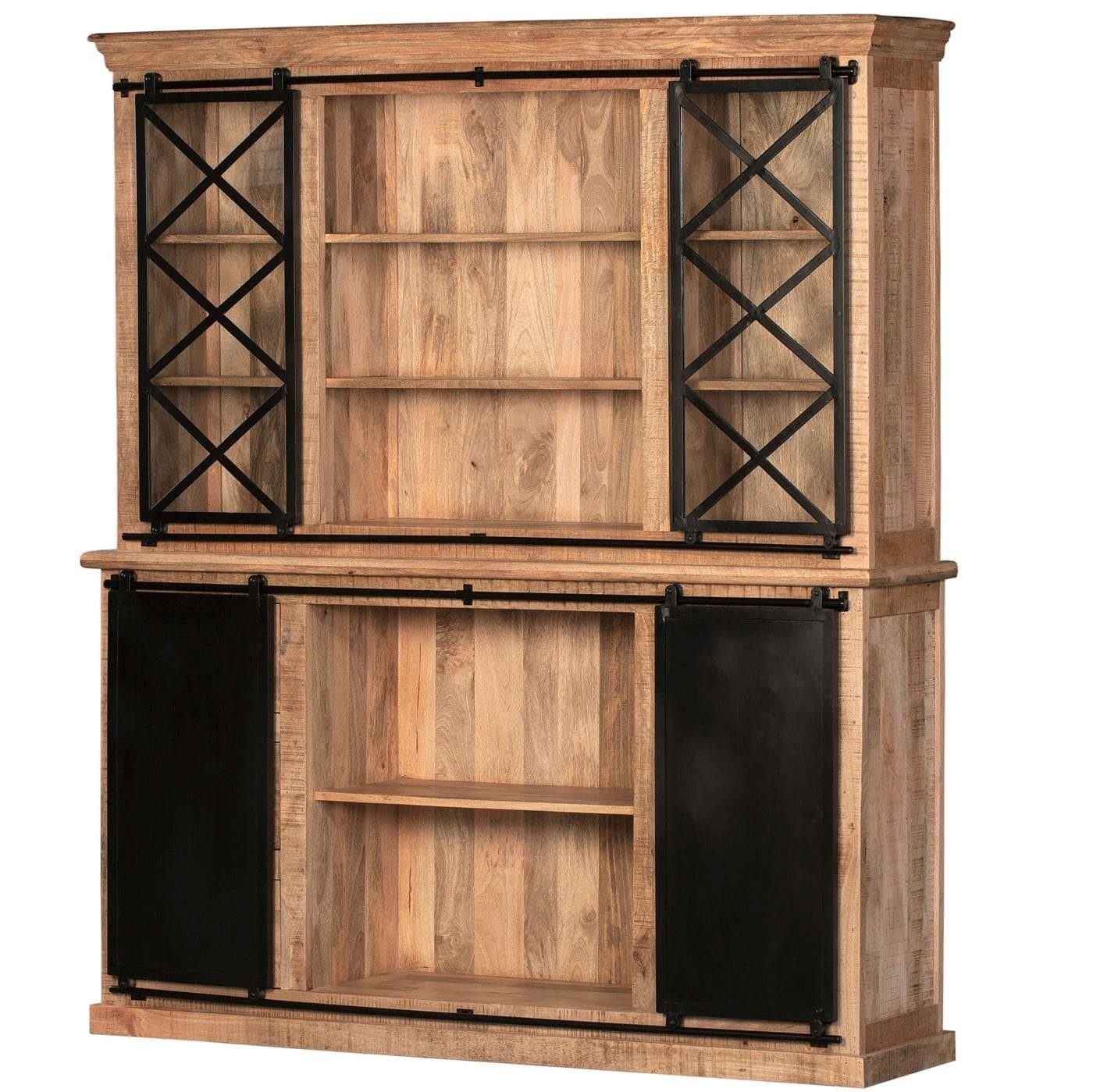 baario Buffet Schrank SELCE 180cm massiv Mangoholz & Eisen Vitrine Buffet Industrial Schiebetüren