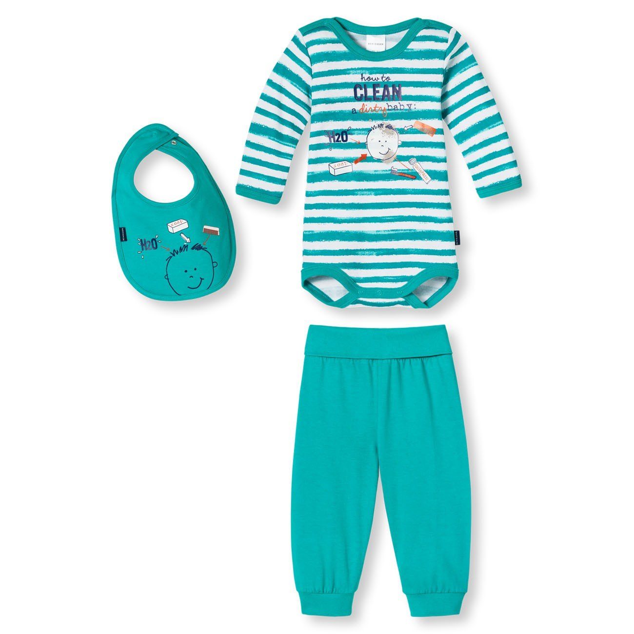 100% (Set, Jungen Body+Hose+Lätzchen, Baby Schlafanzug Baumwolle Saubermann Schiesser 3-teilig, tlg., Set) 3