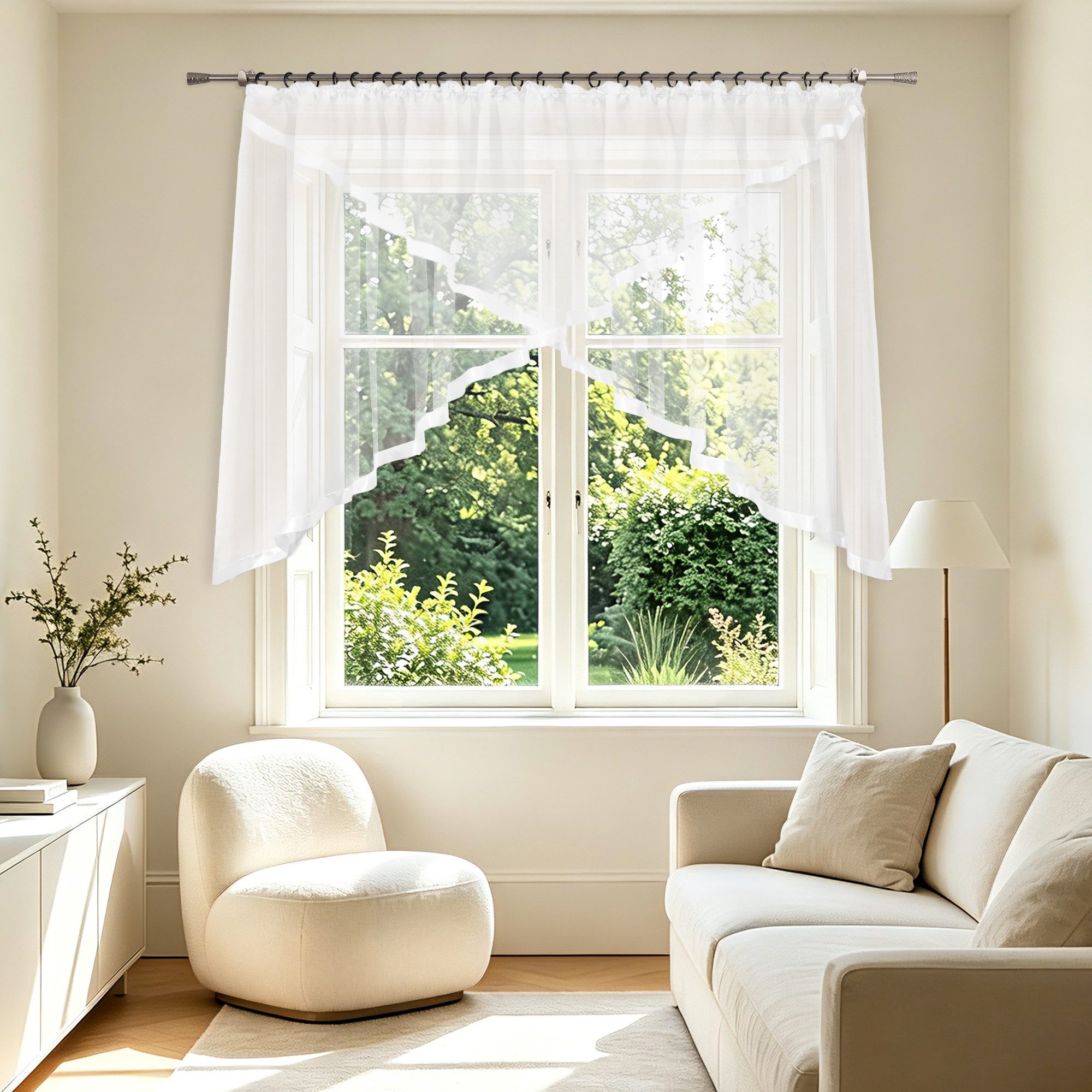 Joyswahl Scheibengardine Kuvertstore mit Satinband im klassischen Design (2 St), Kräuselband, transparent, Voile, Uni mit Bogenform für Küche, Esszimmer und Woh – Bild 3 von 5