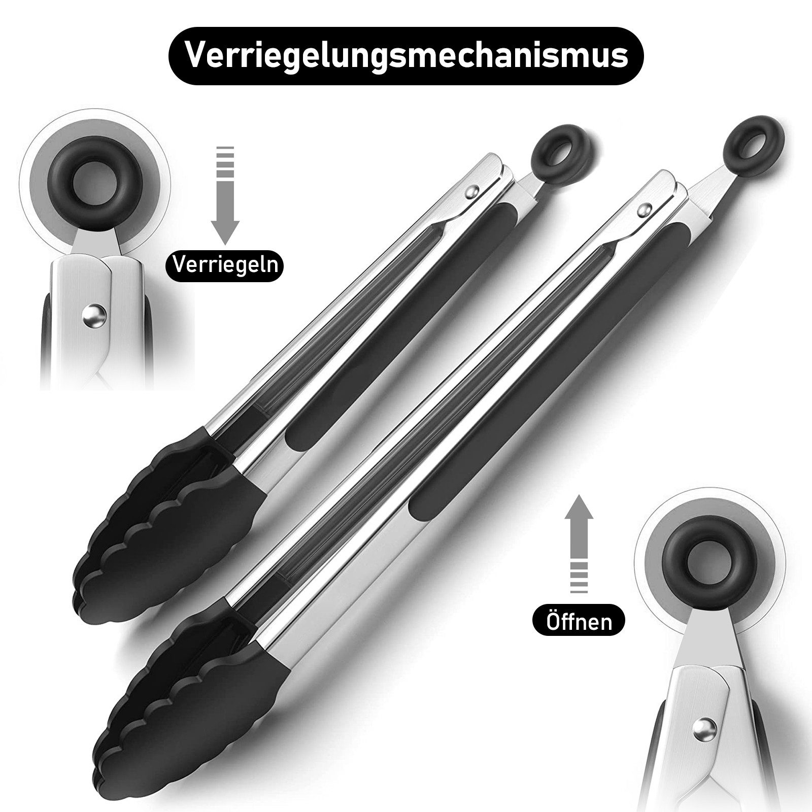 HUGERSTONE Servierzange Grillzange Edelstahl, Küchenzange mit Silikonlaffen und Aufhängeöse, 3er Set Kochpinzette Länge: 21.4/26.2/34.5cm, Hitzebeständig bis 23 – Bild 4 von 5
