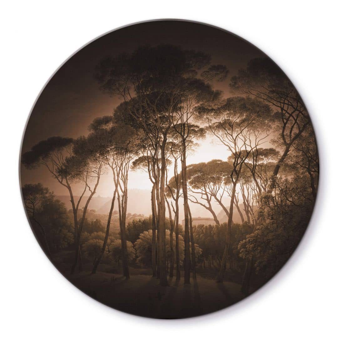 K&L Wall Art Glasbild Glas Wandbild Rund Glasbild Schirmkiefern Vignettierung Sepia, Wandschutz Deko Bilder