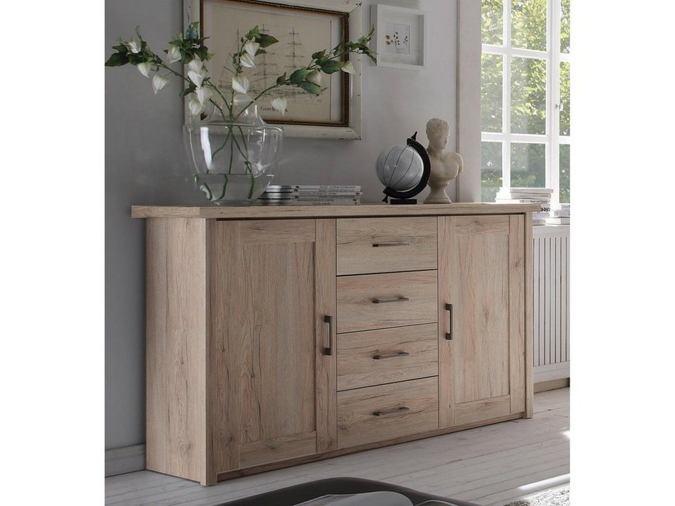 möbelando Sideboard Lebbie, Modernes Sideboard aus Spanplatte in San Remo  Eiche Nachbildung mit 2 Holztüren, 4 Schubkästen und 4 Einlegeböden. Breite  150 cm, Höhe 91 cm, Tiefe 42 cm