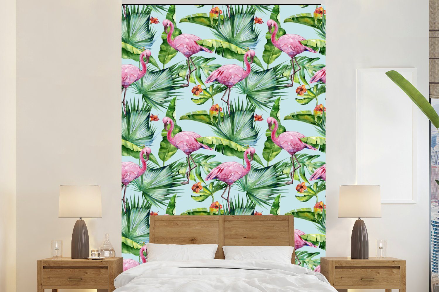 MuchoWow Fototapete Hibiskus (3 - St), Wandtapete Flamingo bedruckt, für Montagefertig Matt, Vinyl - Wohnzimmer, Tropisch, Tapete