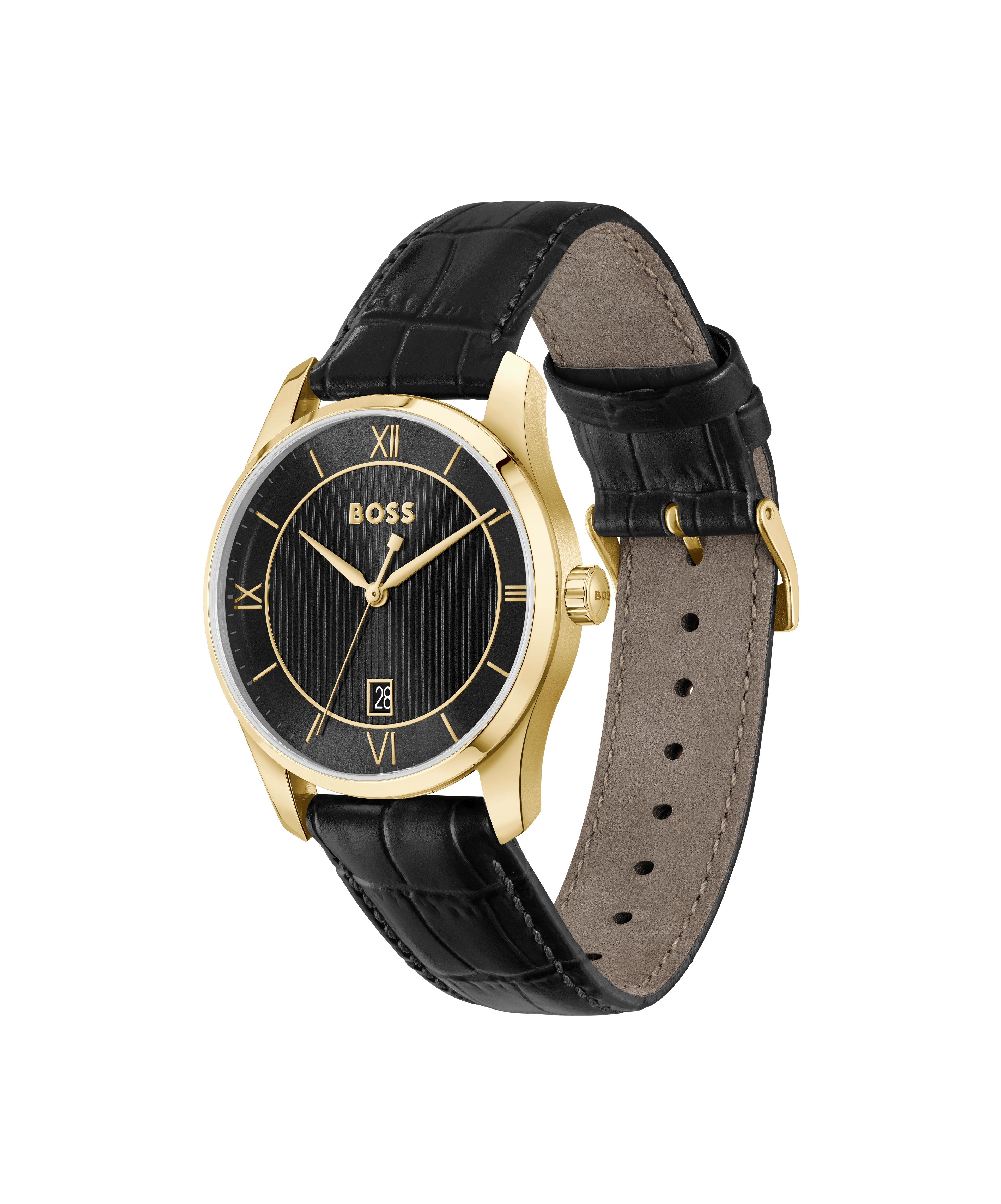 BOSS Quarzuhr PRINCIPLE 1514364, Armbanduhr, Damenuhr, Herrenuhr, Lederarmband, analog, Tag