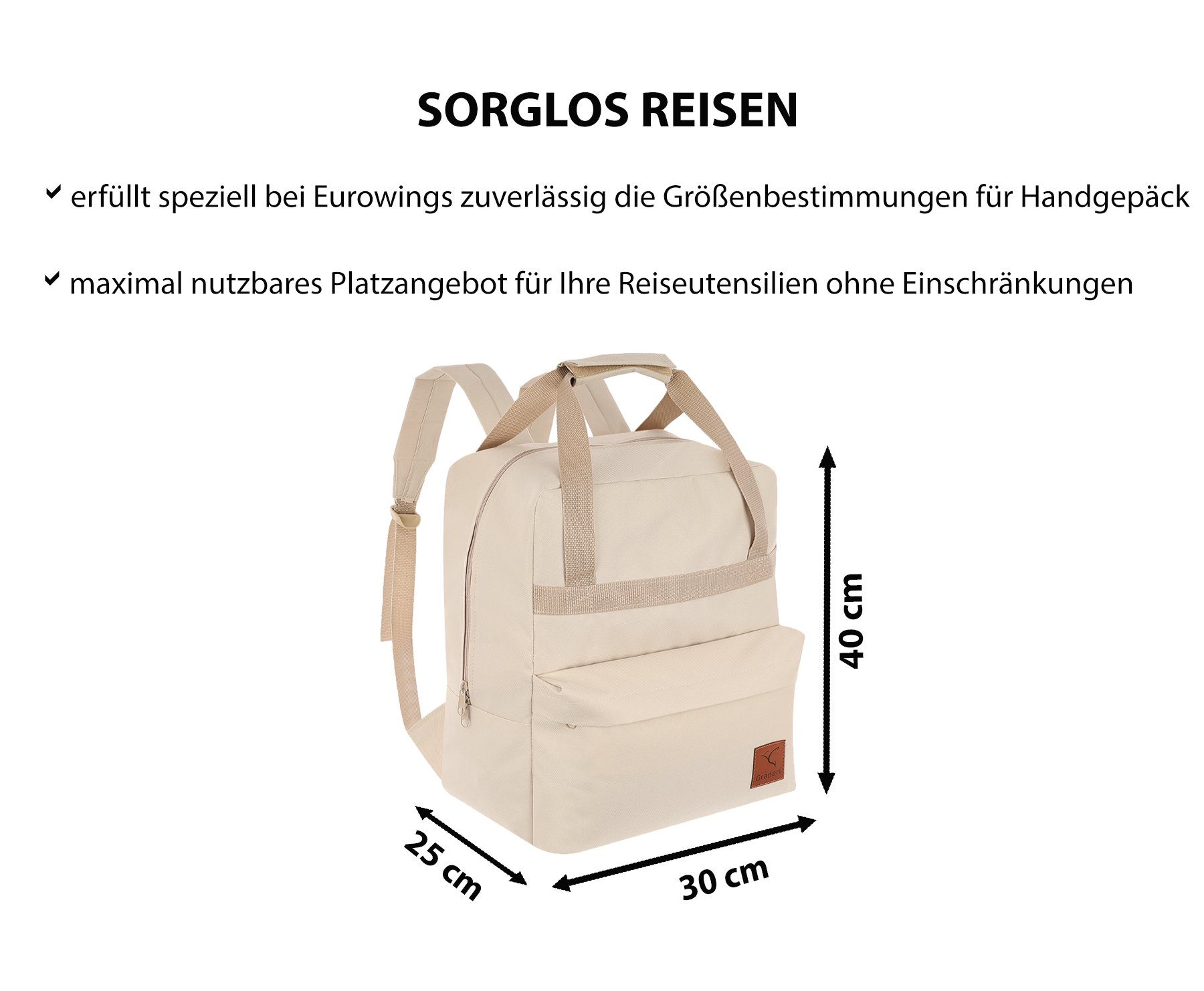 Granori Reiserucksack 2-in-1 leichte Damen Handgepäck Tasche 40x30x25 cm ideal für Flugzeug, trendiger und geräumiger 30 L Daypack für Urlaub, Schule & Alltag