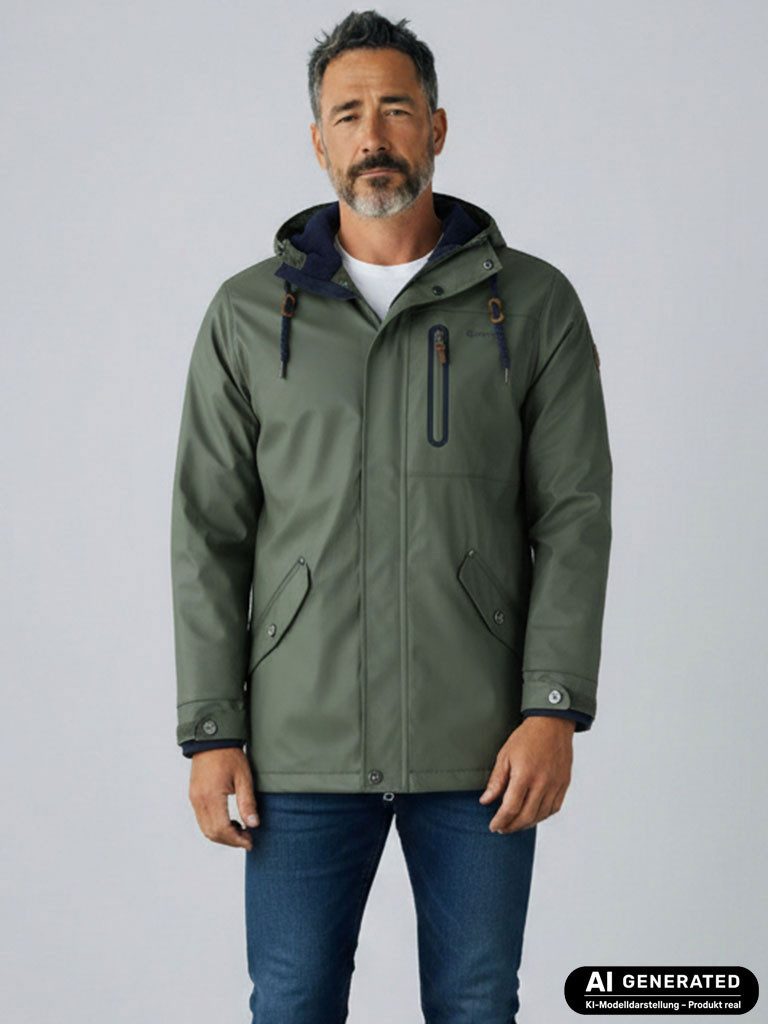 Dry Fashion Regenjacke Bergen Herren Regenmantel Fleece-Futter - Outdoor-Jacke Wasserdicht Parka Winddicht, Verschweißte Nähte, 2-Wege-Reißverschluss, Kapuze