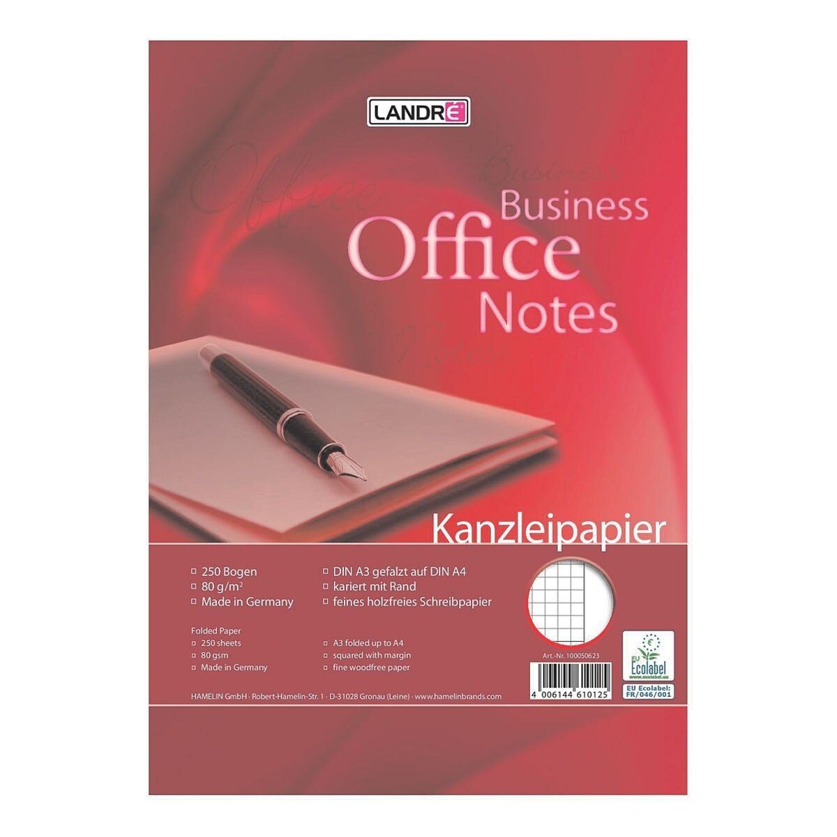 LANDRE Briefpapier Office, A3 DIN 250 Kanzleipapier, kariert Bögen mit auf ungelocht, A4, Rand