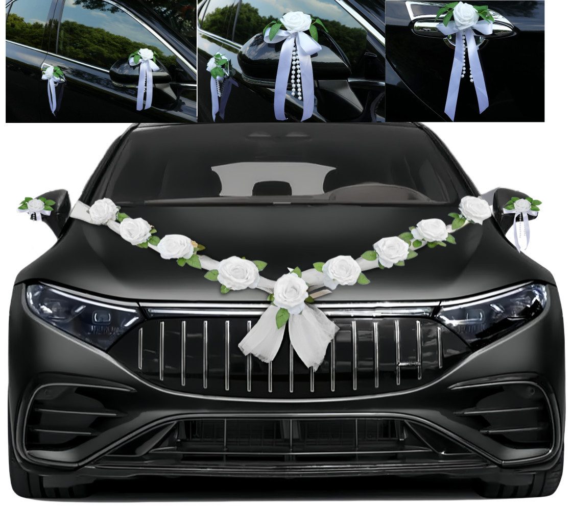 Kunstblume Hochzeitsauto Autoschmuck Hochzeit Deko, Autoschleifen Hochzeit, FOUORTUNATE-BEE, Brautauto Deko mit Rosen, Rückspiegelblumen & Bandschmuck