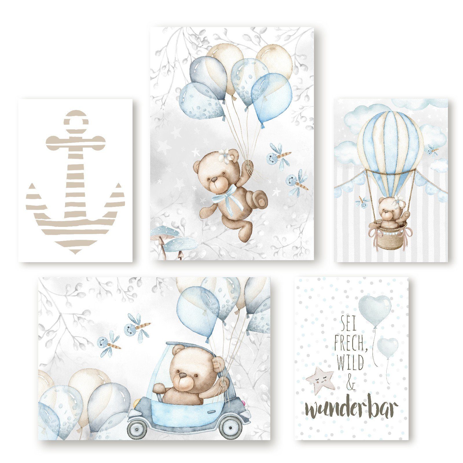 homestyle-accessoires Poster Kinderzimmer Bilder Bilderset SEI FRECH, WILD & WUNDERBAR BÄR TEDDY, (5 St), - Ohne Bilderrahmen - sorgfältige & sichere Verpackung