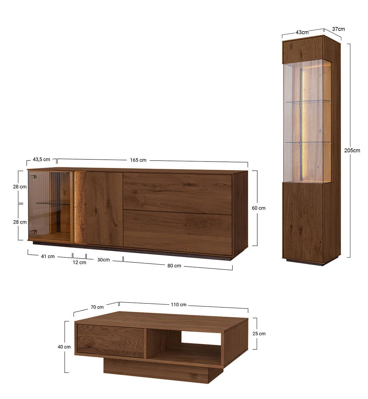 Feldmann-Wohnen Wohnwand Collodi, (mit Türen, mit Einlegeböden, mit Klapptüren, 3-St., Massivholz, geölte Oberfläche), 3-teilig Wildeiche Tabak mit Beleuchtung